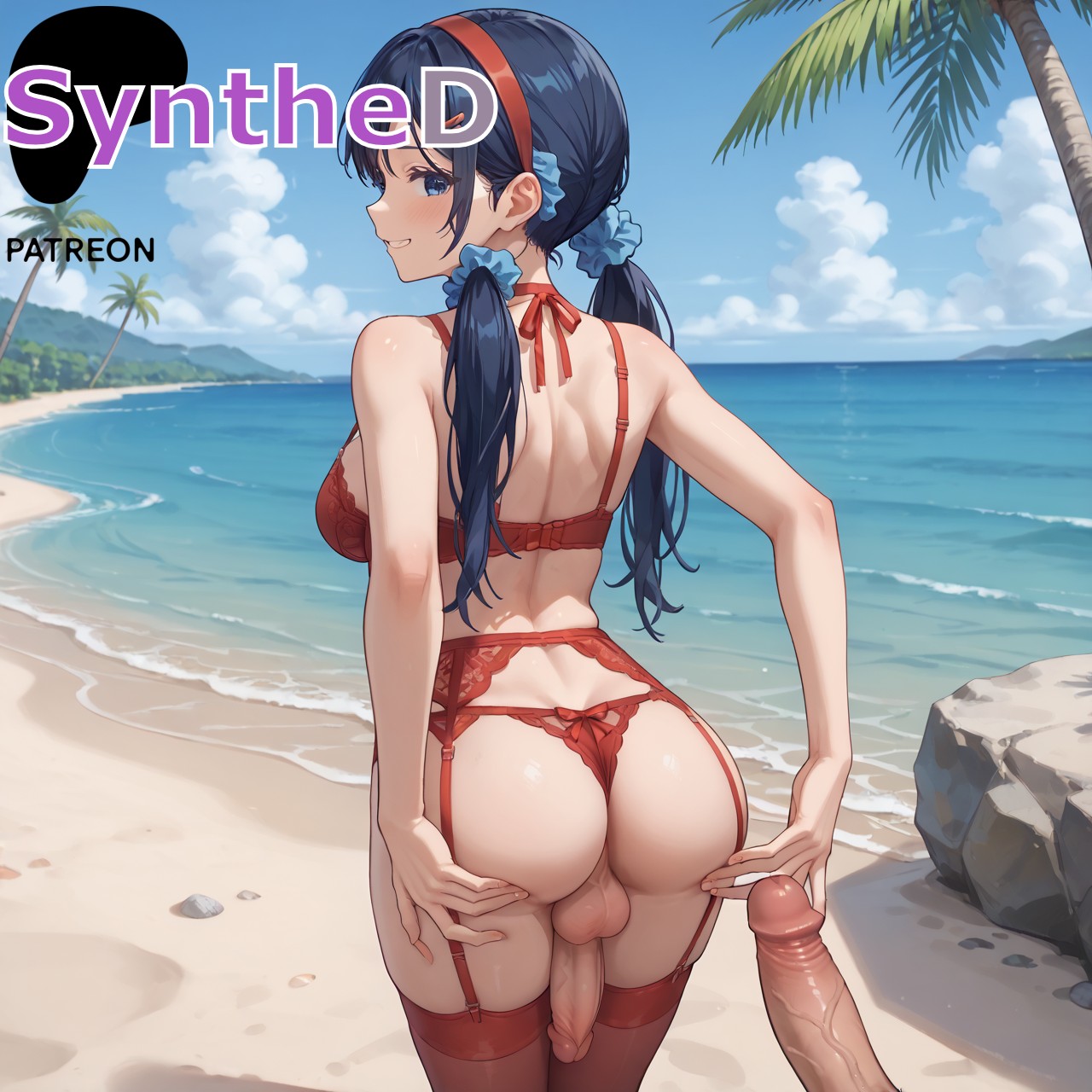 1boy, 1futa, ai generated, artist name, artist signature, ass, back, balls, black hair, blue eyes, blue hair, blush, bra, breasts, cowboy shot, erection, from behind, futa sans pussy, futa with male, futanari, garter belt, grin, hair ornament, hi res, high resolution, highres, intersex, large breasts, large penis, lingerie, long hair, looking at viewer, looking back, male, medium breasts, miside, mita (miside), outdoors, panties, patreon, penis, red bra, red thighhighs, smile, solo focus, standing, synthed, testicles, thighhighs, thong, twintails, uncensored, underwear, underwear only, veins, veiny penis