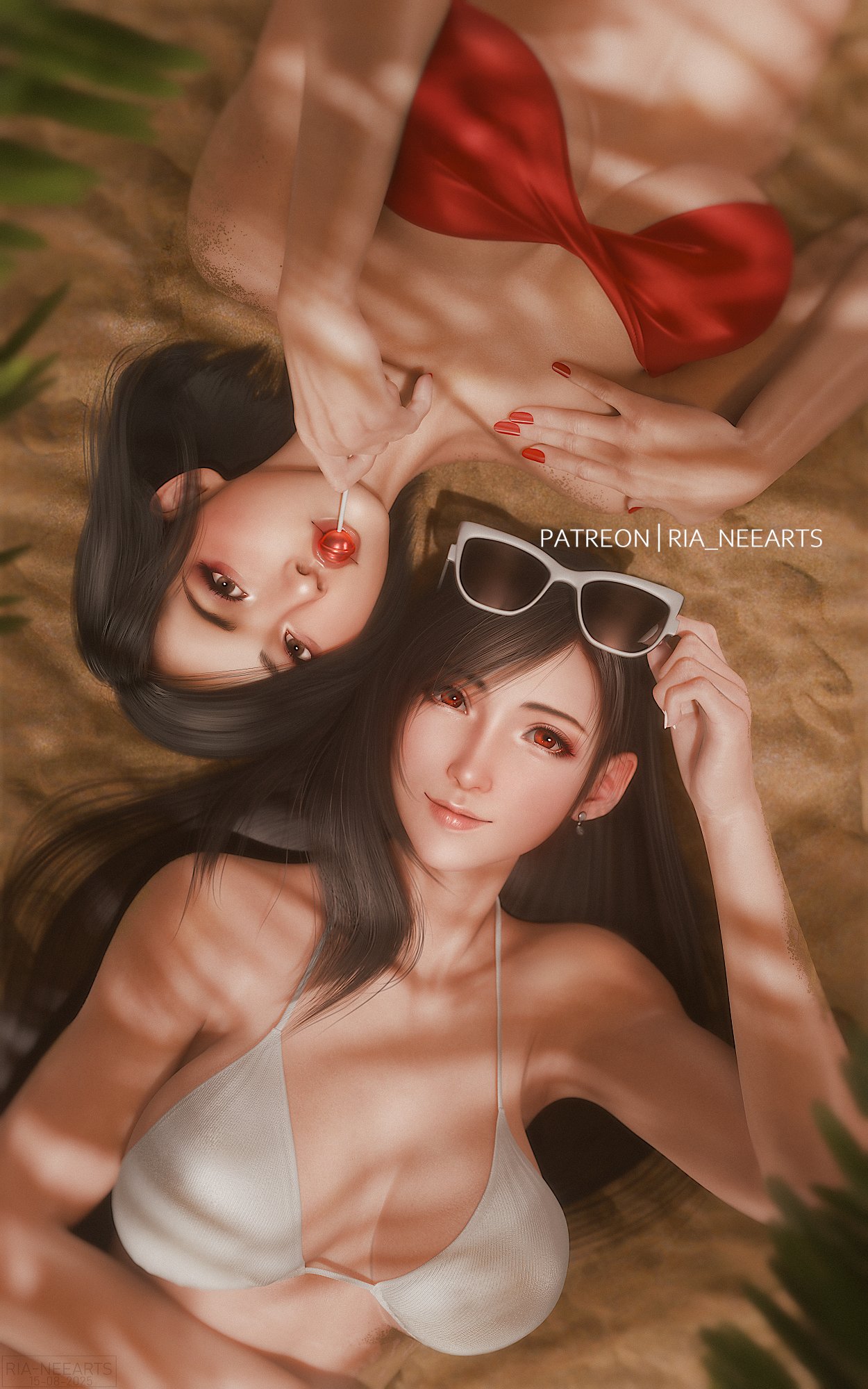 2girls, 3d, ada wong, beach, big breasts, bikini, black hair, breasts, crossover, cute, female, female only, final fantasy, final fantasy vii, final fantasy vii remake, light skin, light-skinned female, realistic, red eyes, resident evil, ria-neearts, solo, square enix, sunglasses, tifa lockhart