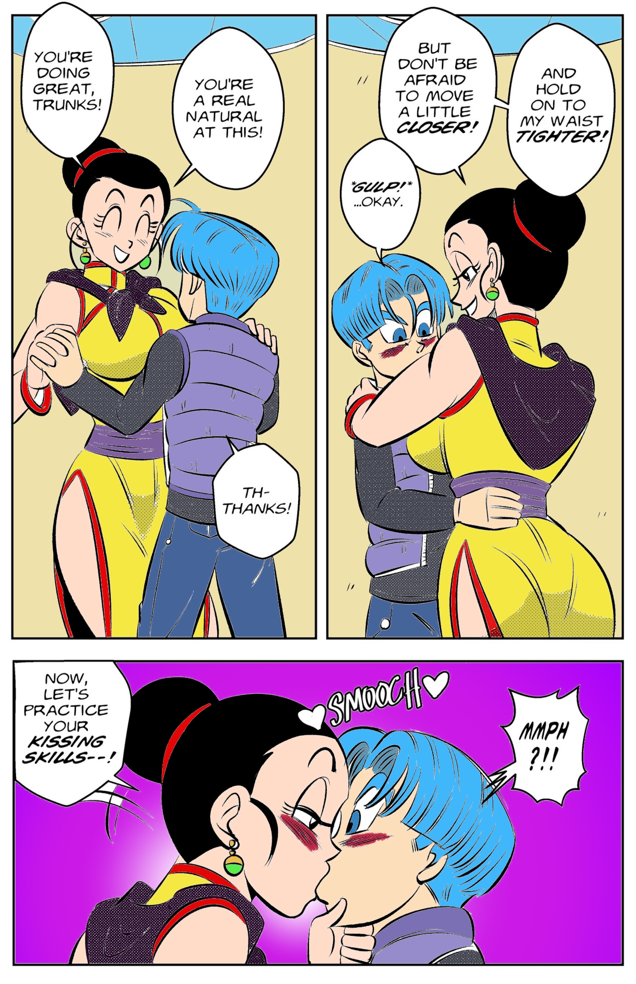 big ass, big boob, big breasts, blue-haired male, blush, breasts, cheating, cheating female, cheating wife, chichi, chichi (majin buu saga), color sketch, colored, colored sketch, curvy female, curvy figure, dancing, dragon ball, dragon ball super, female, funsexydragonball, kissing, male, older, purple background, romantic ambiance, trunks briefs