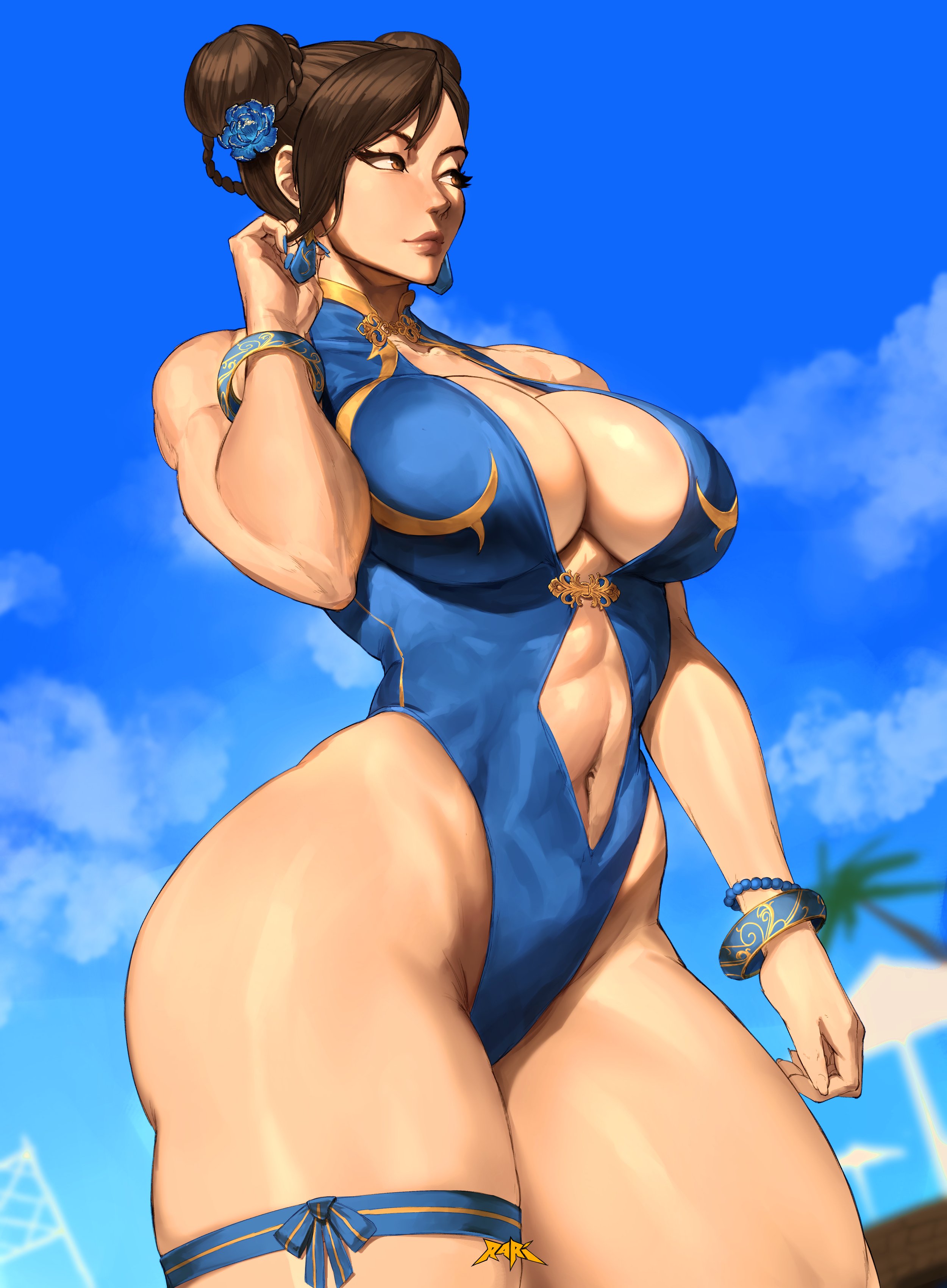 1girls, 2d, 2d (artwork), asian, asian female, beach, brown hair, brown-haired female, brunette hair, capcom, chinese, chinese female, chun-li, clothed, clothed female, female, female focus, female only, mature, mature female, mature woman, solo, solo female, solo focus, spunkyramaz, street fighter, swimsuit, swimwear, thick thighs, vacation, walking, water, wide hips