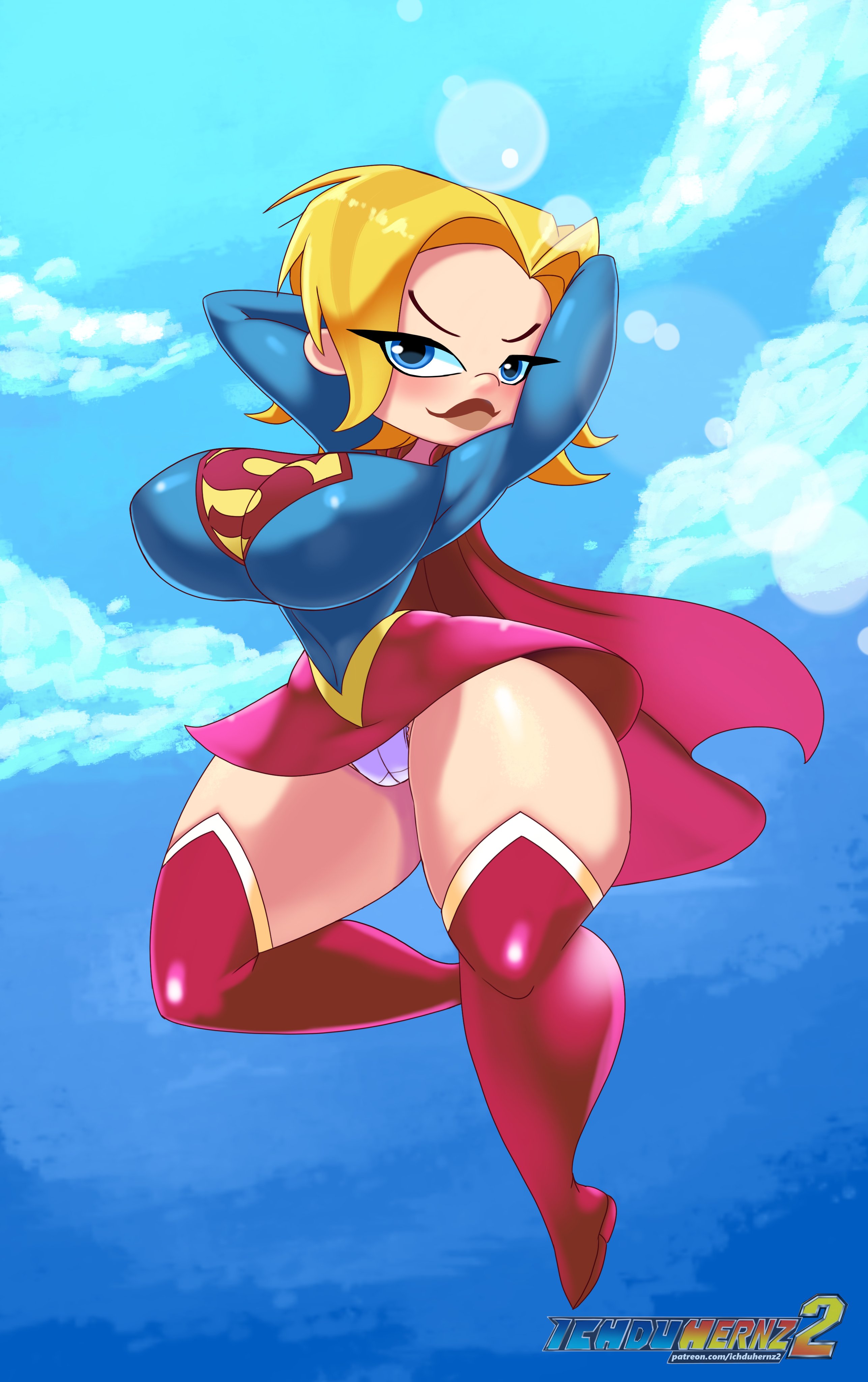 1girls, alien, alien girl, alien humanoid, arms behind back, arms behind head, big breasts, blonde hair, blue eyes, breasts, dc, dc comics, dc super hero girls, female, female only, flying, ichduhernz, kara danvers, kara danvers (shg), kara zor-el, kryptonian, looking at viewer, panties, short hair, supergirl, superman (series), thick thighs, upskirt