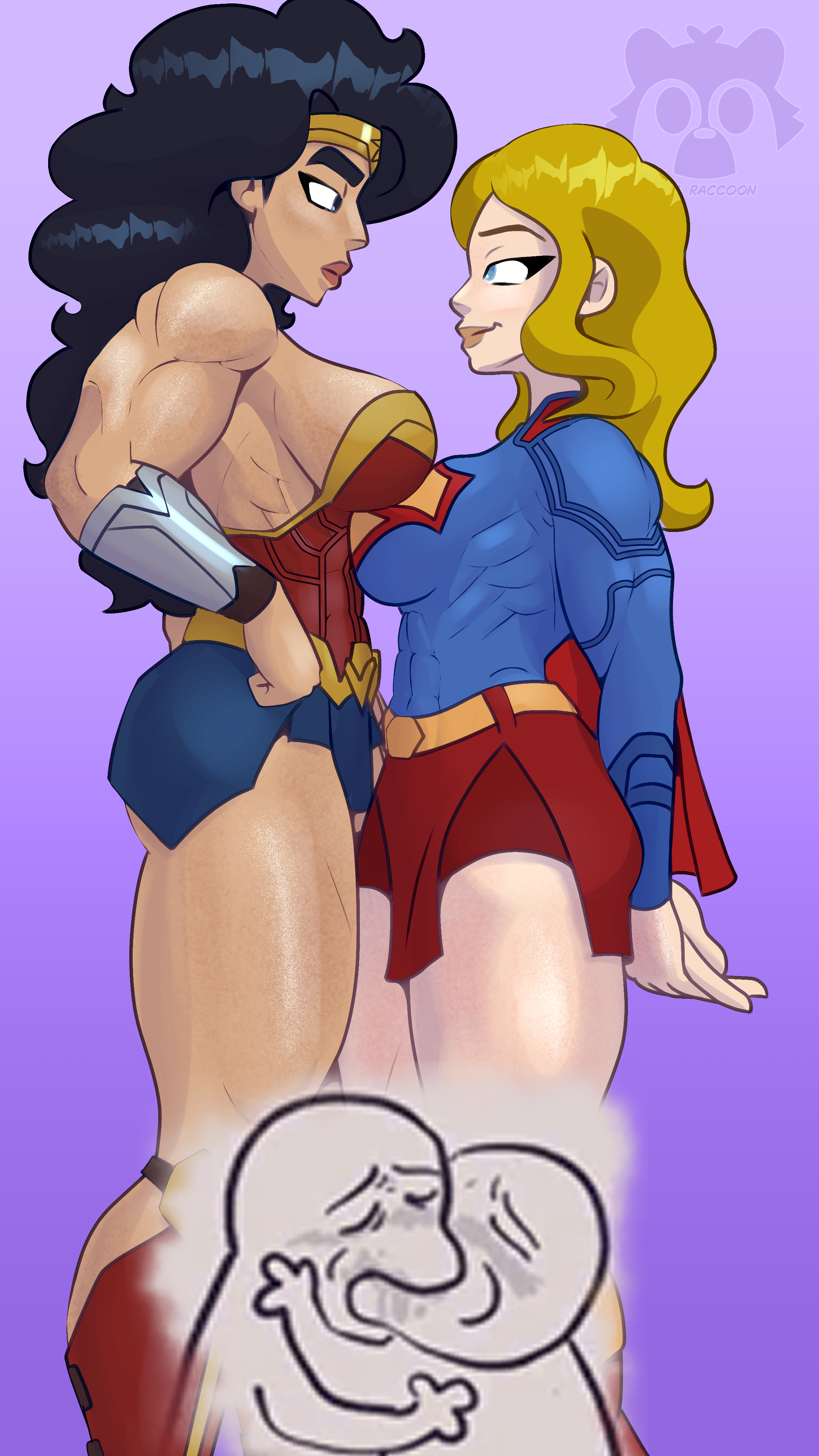 abs, biceps, big breasts, blonde hair, breasts, dark hair, dark skin, dark-skinned female, dc, dc comics, dcu, diana prince, evil raccoon, female, kara zor-el, long hair, massive breasts, meme, miniskirt, muscles, muscular, muscular female, pale skin, pale-skinned female, size difference, supergirl, supergirl (dcu), superheroine, superman (series), wavy hair, wonder woman, wonder woman (series), yuri