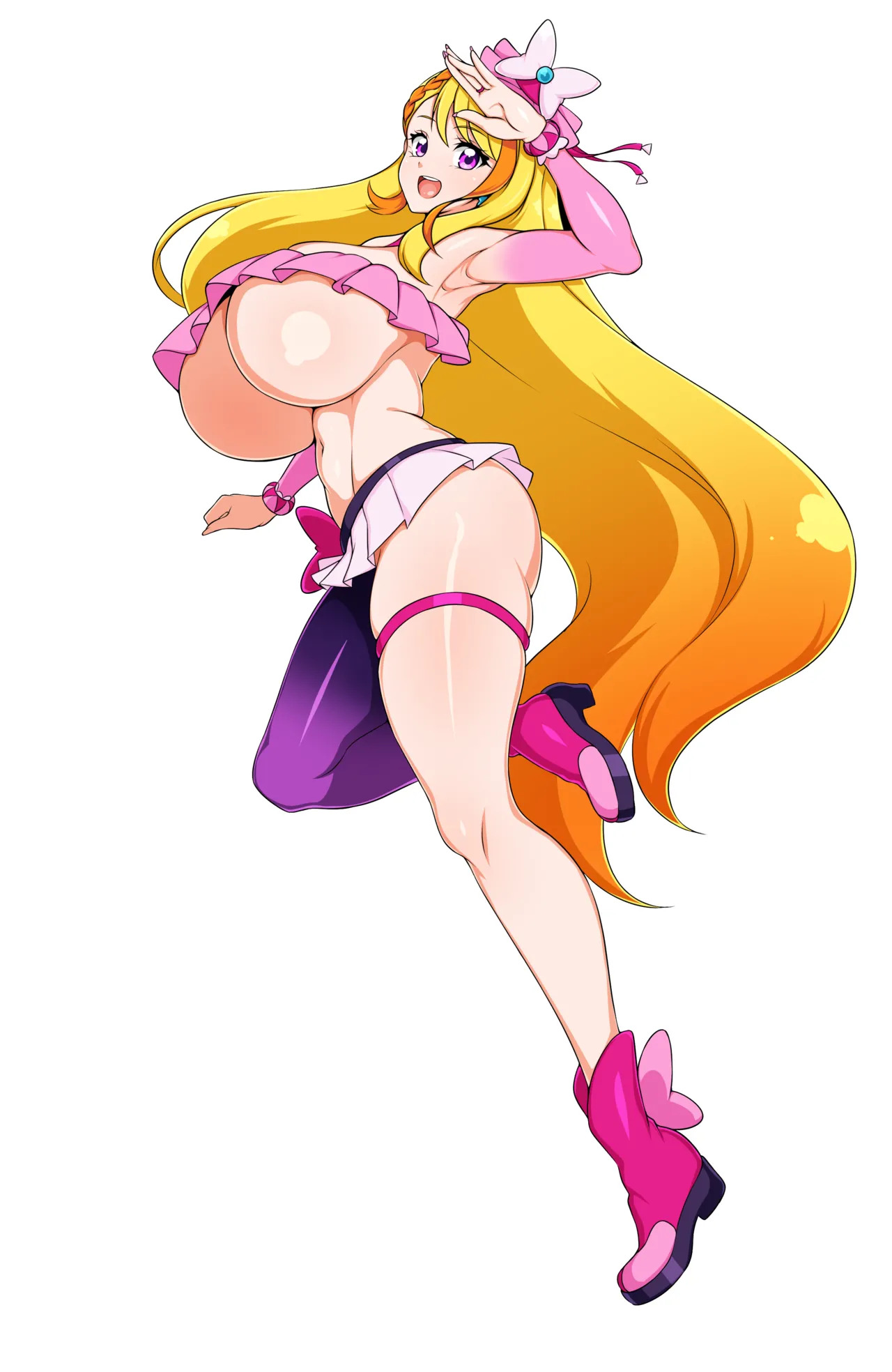 1girls, 2girls, armpits, belly, belly button, big ass, big breasts, bikini bottom, blonde female, blonde hair, breasts, breasts bigger than head, busty, busty female, butterfly hair ornament, butterfly wings, colored, colorful, cure butterfly, curvaceous, curvy, curvy female, curvy figure, dark blue eyes, facing viewer, fashion, female, female focus, female only, front view, girly, hair ornament, hair ribbon, hand on hip, headgear, headwear, heels, high heels, hijiri ageha, hirogaru sky! precure, hourglass figure, huge breasts, jabara tornado, large breasts, leg wear, long hair, long nails, looking at viewer, magical girl, magical girl outfit, mini hat, miniskirt, navel, necklace, neckwear, open mouth, open smile, pink bikini top, pink clothing, pink eyes, pink handwear, pink high heels, pink legwear, pink nails, pink outfit, pink wristband, precure, pretty cure, purple clothing, revealing clothes, ribbon, salute, saluting, short skirt, side boob, side braid, simple background, skimpy, skimpy clothes, skirt, slim female, slim waist, smile, smiling, smiling at viewer, soft breasts, stockings, teeth, teeth showing, teeth visible, thick ass, thick hips, thick legs, thick thighs, underboob, very long hair, waving, waving at viewer, white background, wide hips, wide thighs, wristband
