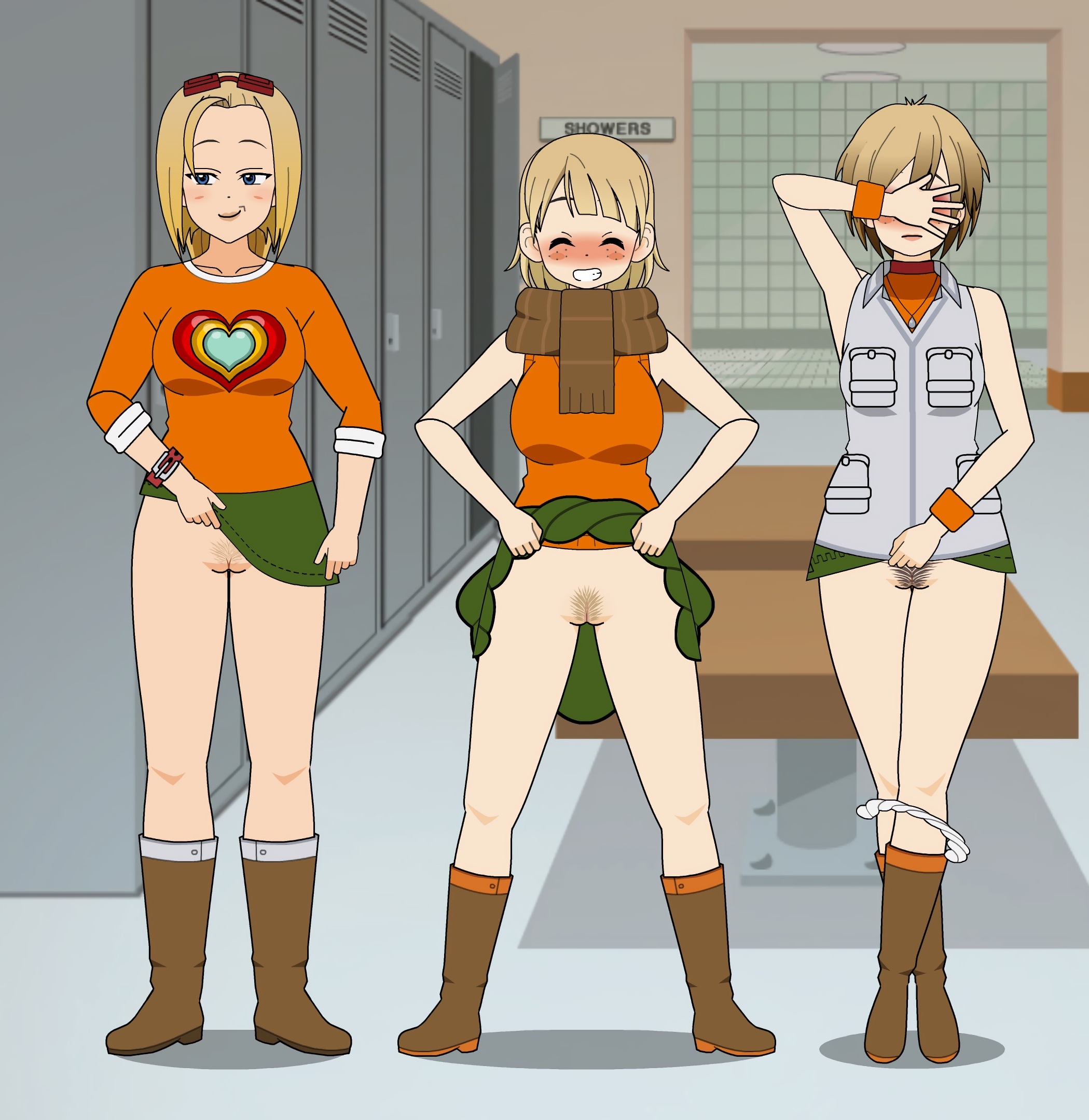 2d (artwork), 3girls, ashley graham, ashley graham (brooke elizabeth mathieson), blonde female, blonde hair, boots, capcom, changing room, clothes lift, crossover, embarrassed, female, flashing, glasses, hairy pussy, heather mason, kisekae, konami, light skin, light-skinned female, no panties, no underwear, obscure (game), panties, panties down, pussy, raised skirt, resident evil, resident evil 4, scarf, shannon matthews, shirt, shoes, short hair, silent hill 3, skirt, skirt lift, skirt up, smile, smiling, sweater, teasing, underwear, underwear down, white panties