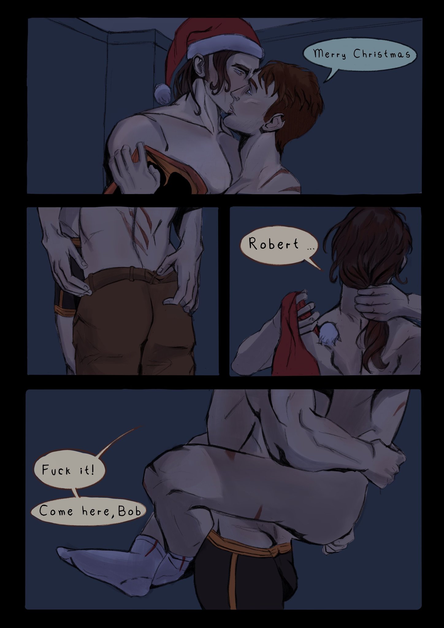 bulge, christmas, dialogue, dispatch (game), flambae, gay, holidays, kissing, makeout, male, male only, robert robertson, santa hat, yaoi