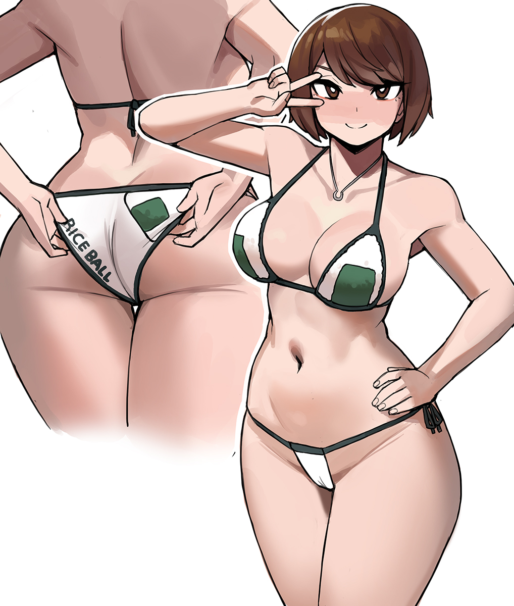 1girls, ass, big ass, big breasts, bikini, breasts, brown eyes, brown hair, cleavage, donburikazoku, female, female only, judge eyes, large ass, large breasts, looking at viewer, ryuu ga gotoku, ryuu ga gotoku 7, saeko mukouda, short hair, smile, swimsuit, v