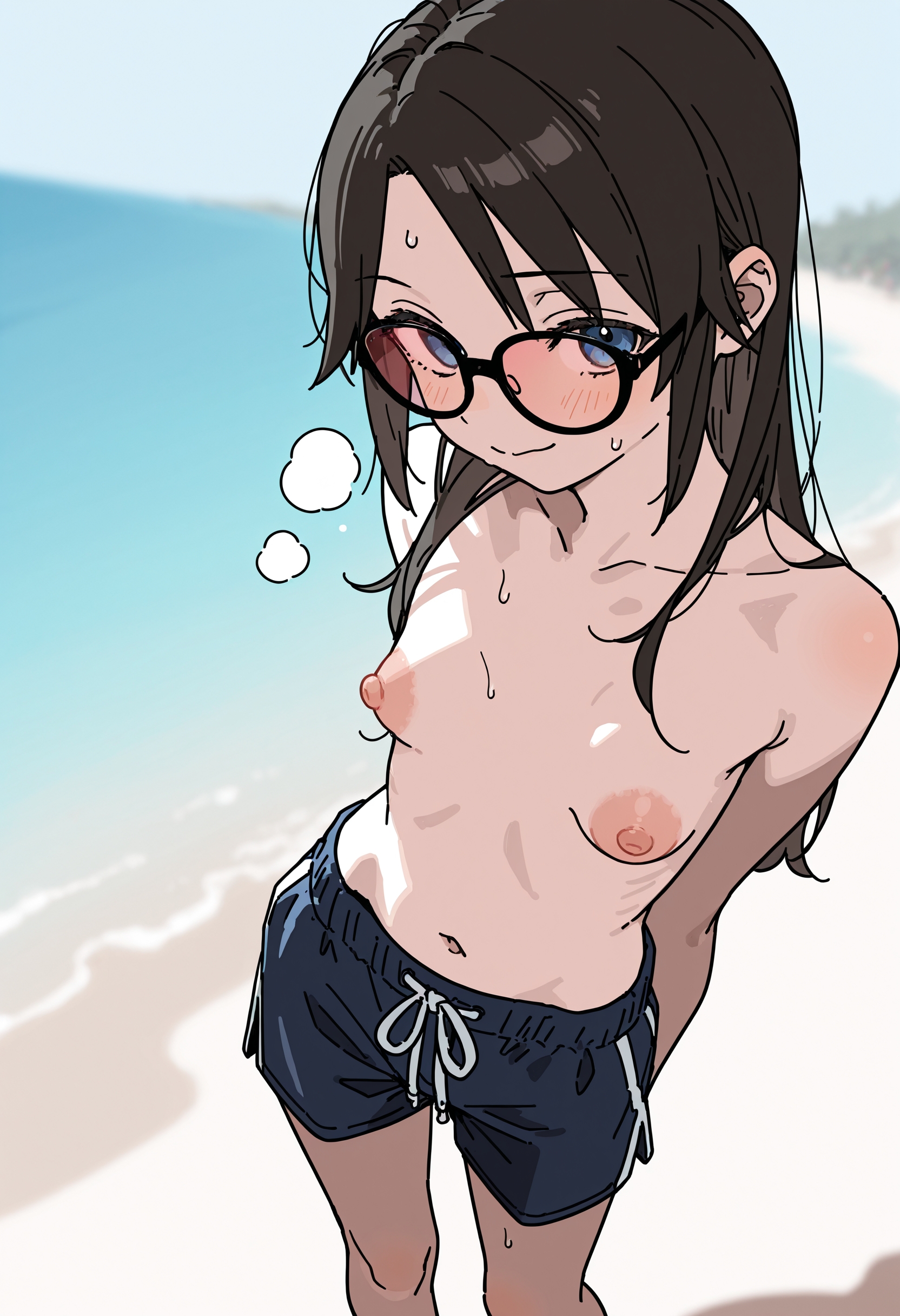 1girls, ai generated, areola, areolae, beach, belly button, blue eyes, breasts, breasts out, brown hair, female, fusso, glasses, idolmaster, idolmaster shiny colors, long hair, male, male swimwear challenge, midriff, mitsumine yuika, navel, nipples, small breasts, solo, standing, sweat, swim trunks, swimming trunks, swimwear, thin, thin female, topless, topless female