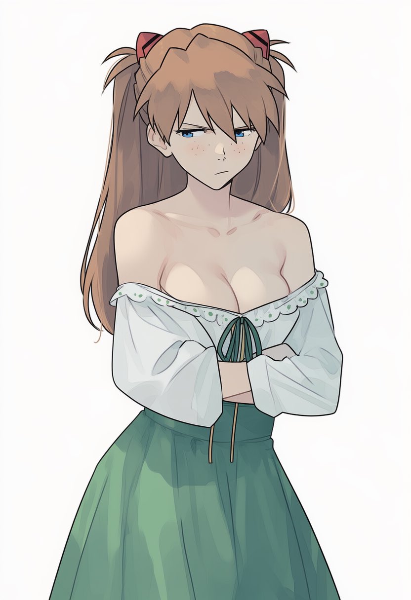1girls, ai generated, annoyed, artist request, asuka langley sohryu, breasts, crossed arms, female, female only, ginger hair, large breasts, neon genesis evangelion, revealing clothes, simple background