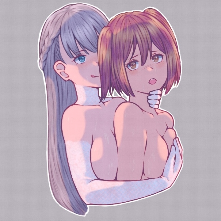 2girls, almost naked, almost nude, assertive female, big breasts, blush, blush face, blushing at another, blushing at partner, blushing female, braid, braided hair, braids, breast press, breast squeeze, breasts, breasts press, breasts pressed against another, breasts pressed against partner, breasts pressed together, busty, busty female, busty teenager, caressing breasts, cleavage, closed mouth smile, collarbone, digital, digital art, digital drawing, digital drawing (artwork), digital media, digital media (artwork), dominant lesbian, elbow gloves, elbows, embarrassed, embarrassed exposed female, embarrassed expression, embarrassed female, embarrassed nude female, female, female focus, female only, fingers, fondling, fondling breasts, gloves, grey background, grope, grope from behind, groped from behind, groping, groping breast, groping breasts, groping chest, groping from behind, hair between eyes, half up braid, hand on another's breast, hand on another's chest, hand on another's neck, hand on breast, hand on chest, hand on neck, kanne (sousou no frieren), lace gloves, large boobs, large breasts, large breasts lesbian, lawine (sousou no frieren), lesbian domination, lesbian focus, lesbian only, lesbian pleasure, lesbians naked, licking lips, long gloves, long hair, looking at viewer, medium breasts, mostly nude, multiple females, multiple girls, mutual yuri, naked, naked female, naked woman, nearly nude, nude, nude female, nudity, open mouth, parted lips, pixiv id 21451697, plump breasts, practically nude, pressing breasts, pressing breasts together, pushing breasts together, pushing breasts up, shoulders, simple background, smile, smiley face, smiling, smiling at another, smiling at partner, smirk, sousou no frieren, squeezing breast, squeezing breasts, squeezing breasts together, standing, submissive lesbian, teenager, tongue, two side up, upper body, upper teeth, white elbow gloves, white gloves, white long gloves, yuri