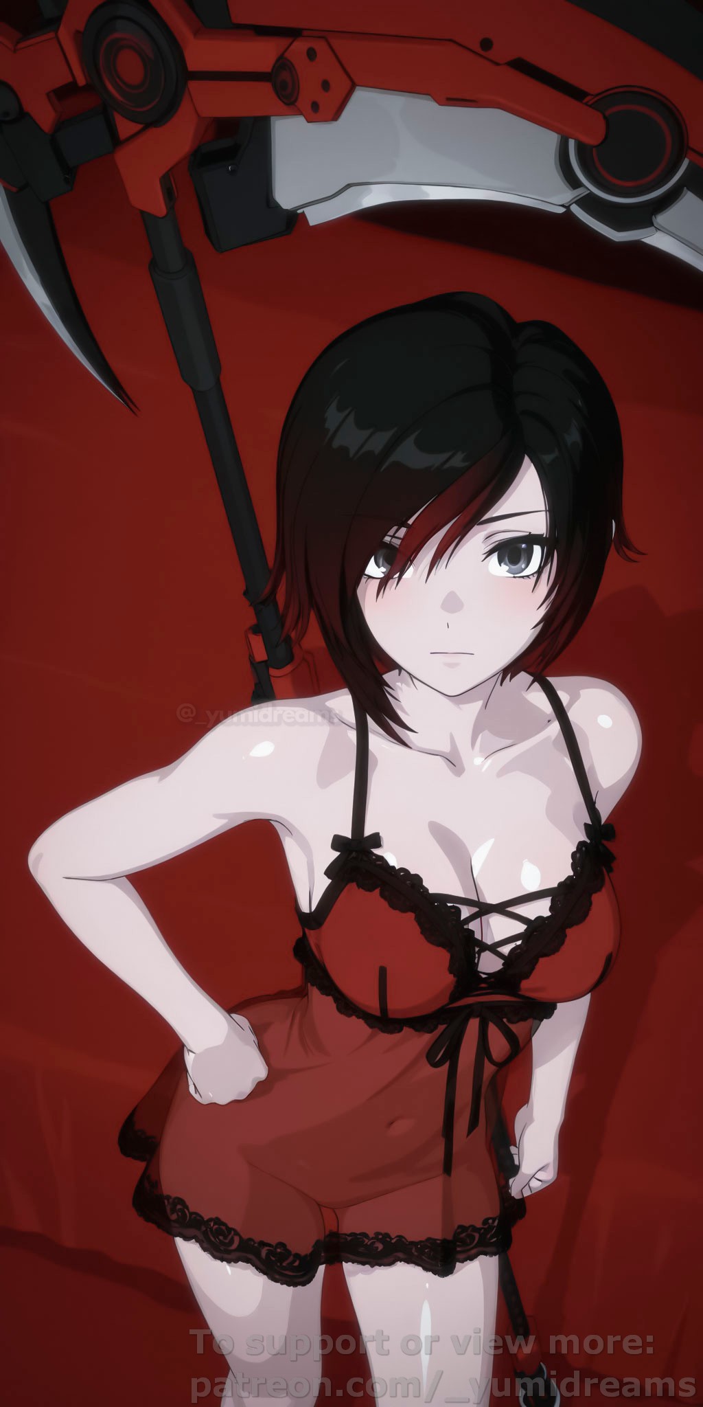  yumidreams, 1girls, 3d, accurate art style, ai generated, babydoll, babydoll lingerie, bangs, bare arms, bare legs, bare shoulders, bare thighs, black hair, breasts, camisole, camisole only, cleavage, dark eyes, female, female only, from above, hand on hip, high angle, highres, indoors, lingerie, looking at viewer, medium breasts, multicolored hair, nightgown, nightie, patreon username, red camisole, red clothing, red hair, red lingerie, ruby rose, rwby, scythe, see-through, see-through clothes, see-through clothing, short hair, sleepwear, smirk, standing, weapon