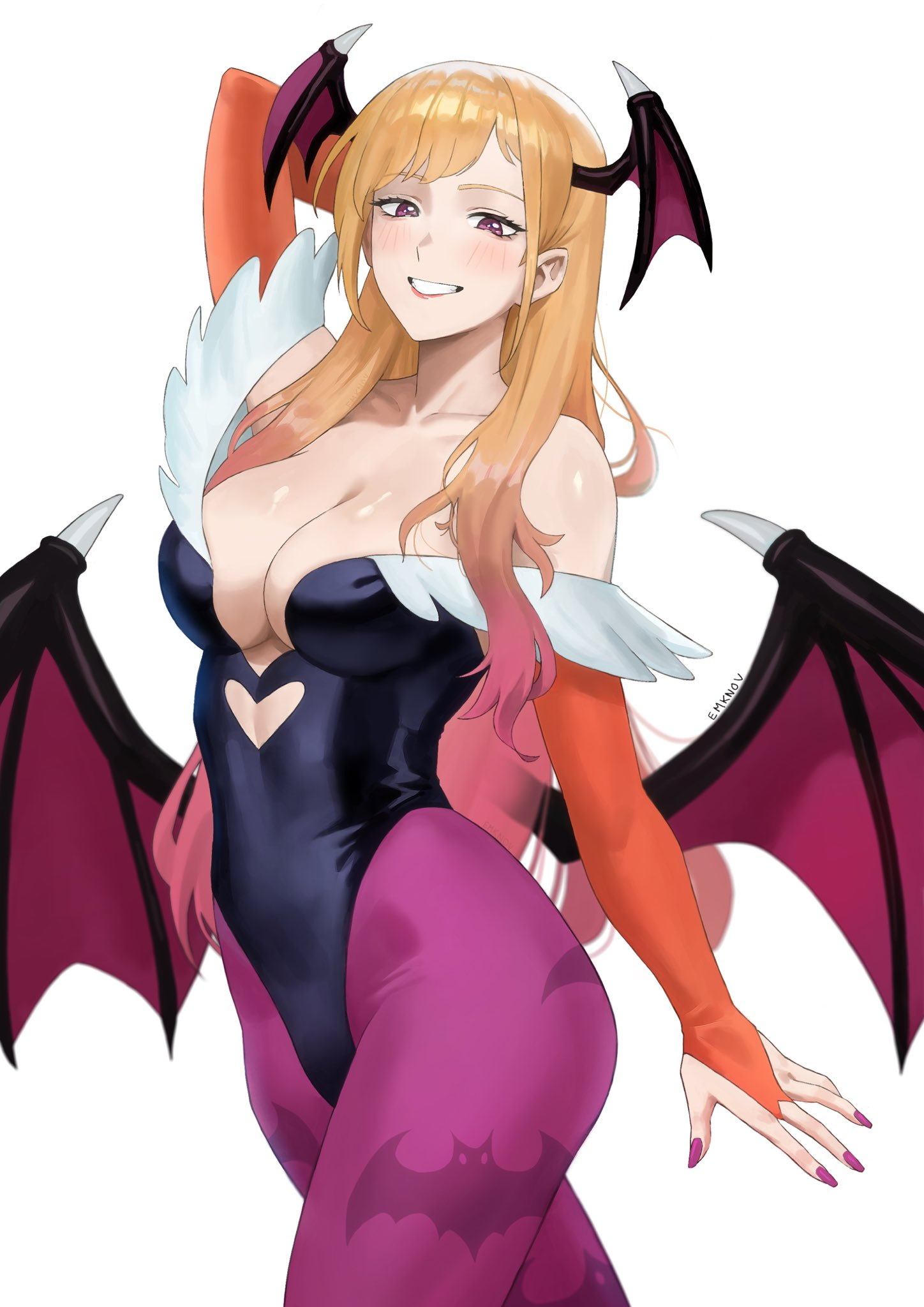 bat wings, blonde hair, breasts, bridal gloves, capcom, cosplay, crossover, darkstalkers, emknov, female, gloves, kitagawa marin, leotard, marin kitagawa, morrigan aensland, morrigan aensland (cosplay), my dress up darling, pantyhose, photoshop, pink eyes, pink hair, revealing clothes, silf, smile, sono bisque doll wa koi wo suru, tagme, third-party edit, tight clothes, two-toned hair, vampire (game), wings
