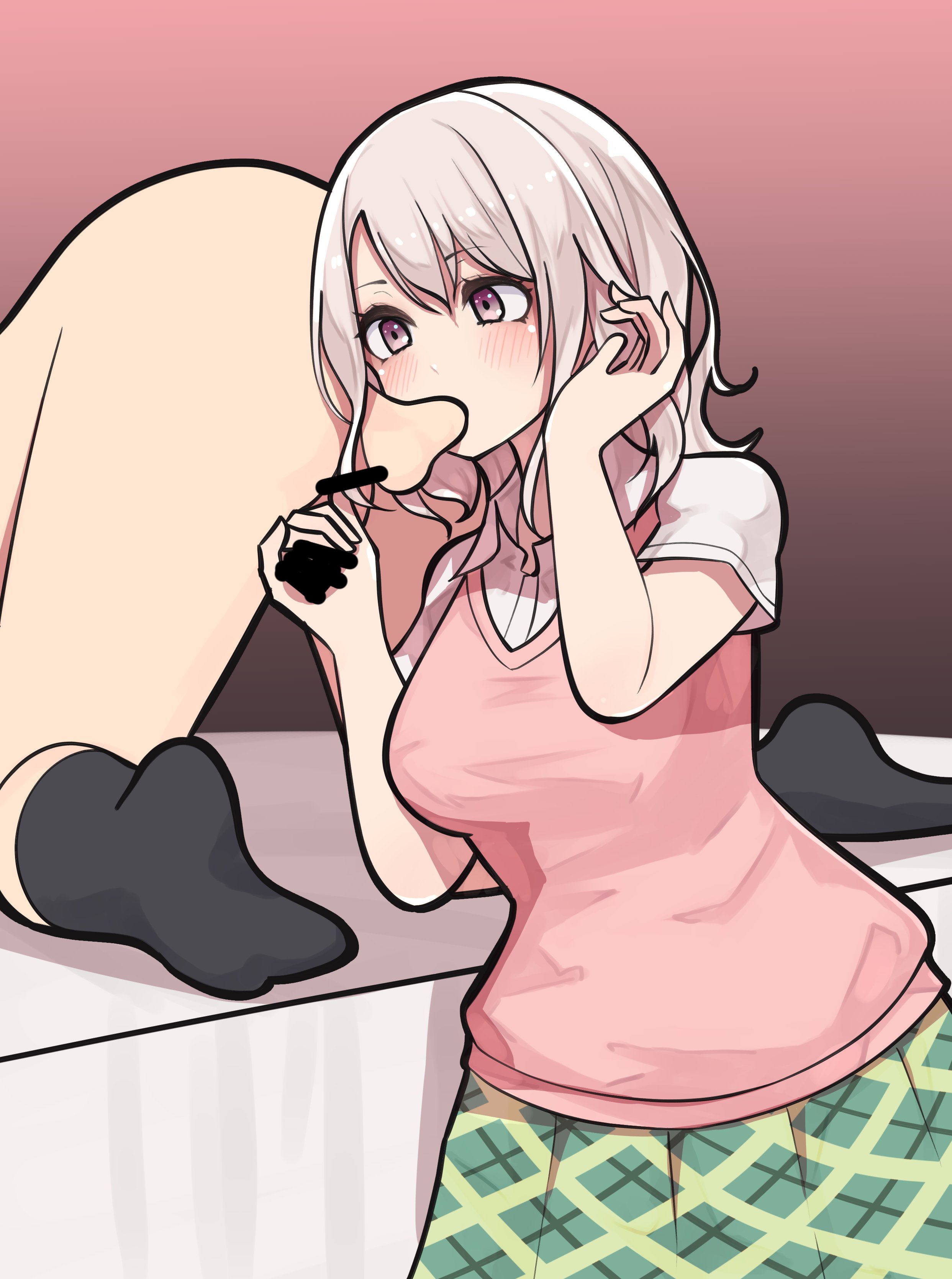 1boy, 1girls, all fours, balls, balls sucking, bar censor, black footwear, black socks, censor bar, censored, censored penis, cock, dick, female, footwear, genitals, hair between eyes, kawai mona, kikiu bd, kuroiwa medaka ni watashi no kawaii ga tsuujinai, male, penis, socks, sucking balls, sucking testicles, testicles, woman