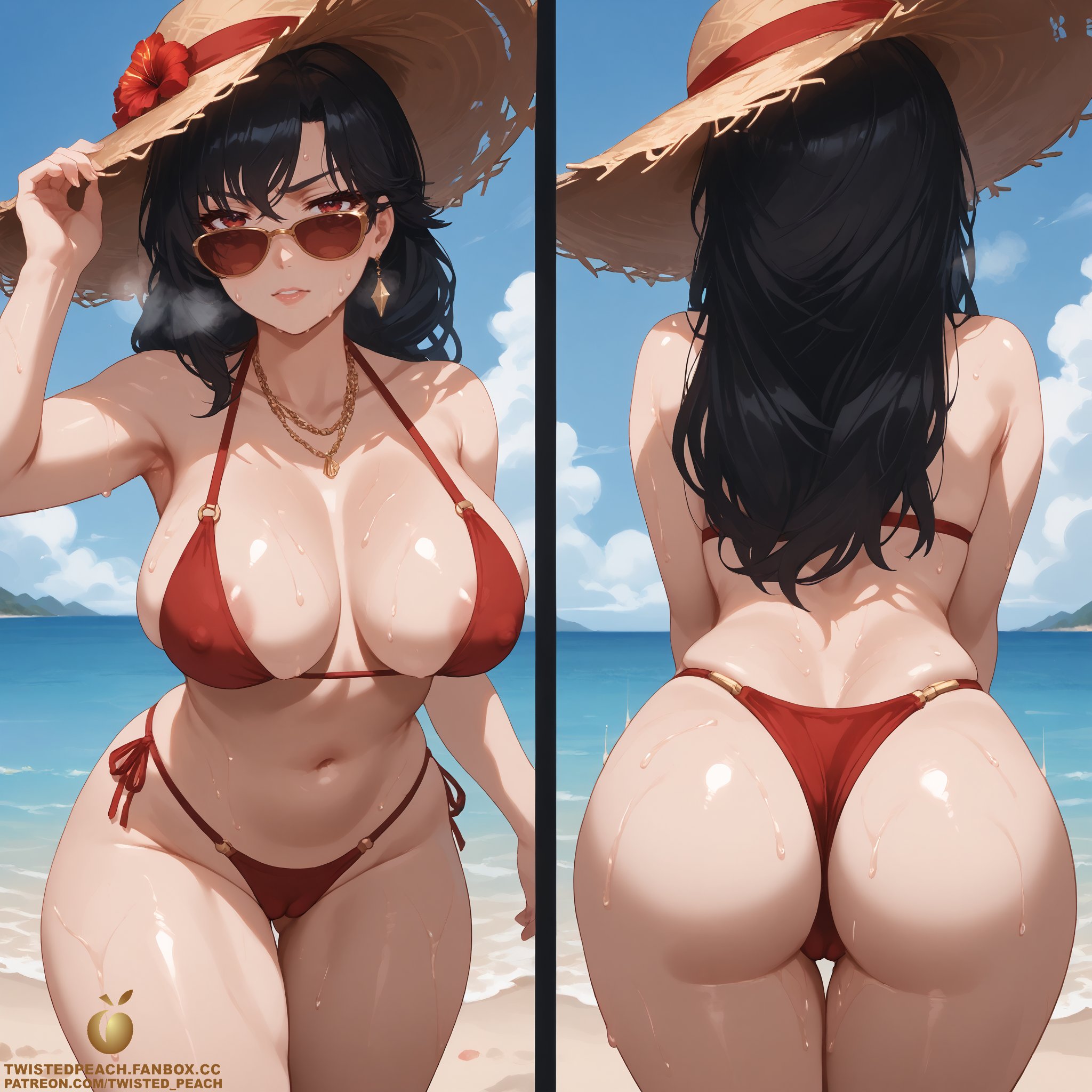 1girls, ai generated, areola slip, areolae, ass, ass focus, beach, big ass, big breasts, bikini, bikini bottom, bikini top, black hair, breasts, cameltoe, female, female only, hat, large ass, large breasts, large butt, large thighs, light-skinned female, looking over eyewear, looking over sunglasses, mature, mature female, mature woman, milf, motherly figure, posing, raven branwen, red eyes, rwby, solo, solo female, solo focus, straw hat, sun hat, sunglasses, tagme, thick, thick ass, thick thighs, tinted eyewear, twistedpeach