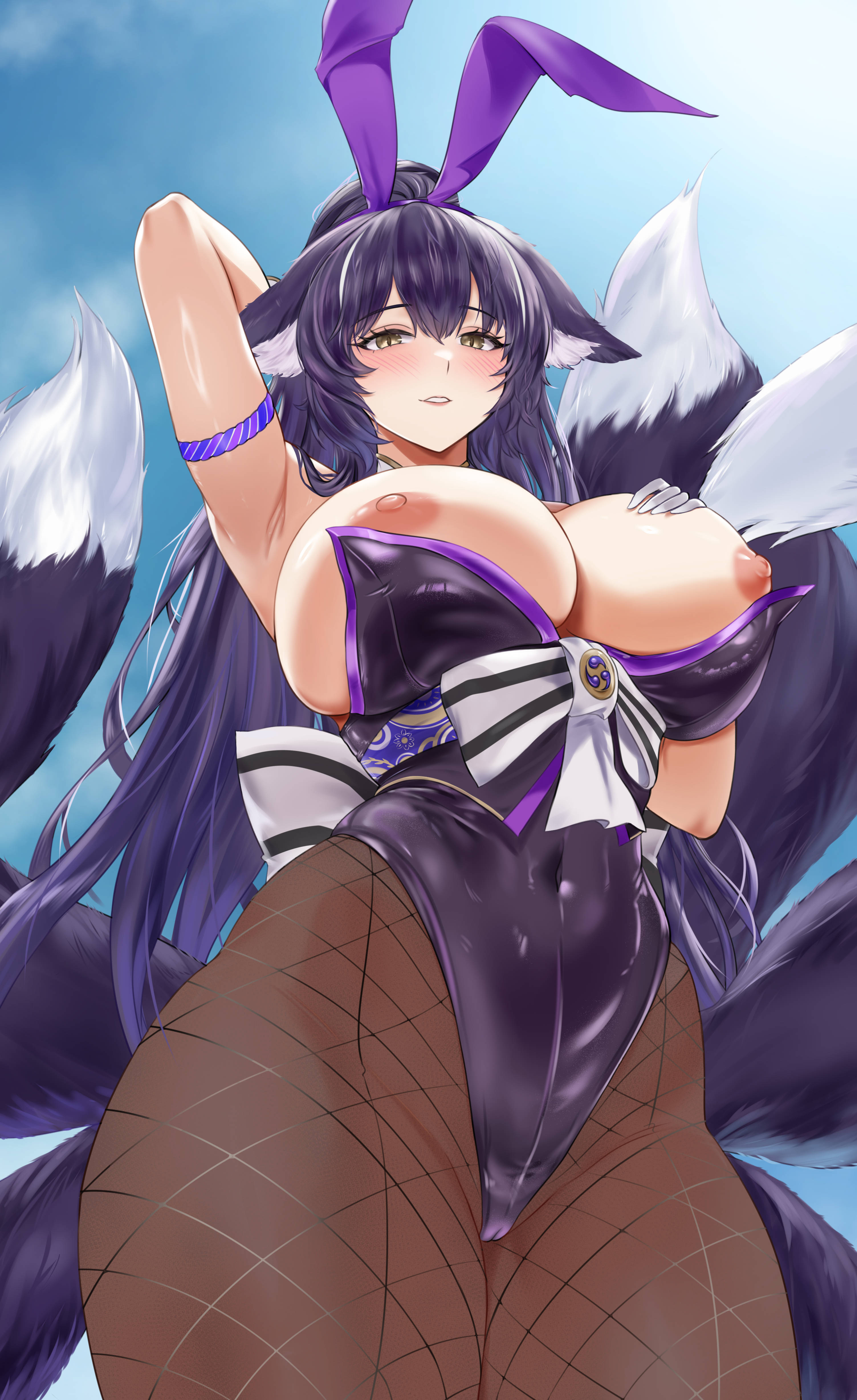 absurdres, animal ears, arms behind head, azur lane, beatheart, blue sky, breasts, bunny ears, bunnysuit, commentary request, covered navel, cowboy shot, day, facial mark, fake animal ears, female, fishnet pantyhose, fishnets, fox ears, fox girl, from below, gloves, hand on own chest, highleg, highleg leotard, highres, huge breasts, kitsune, kyuubi, leotard, long hair, looking at viewer, looking down, multi tail, musashi (azur lane), musashi (the purple rabbit's marksmanship) (azur lane), nipples, official alternate costume, outdoors, pantyhose, playboy bunny, purple hair, purple leotard, purple tail, purple trim, rabbit ears, revision, sky, strapless, strapless leotard, tail, very long hair, white gloves, yellow eyes