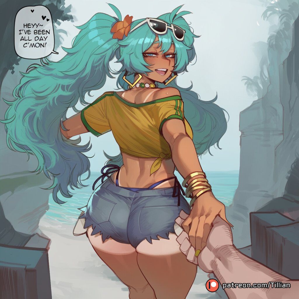 1boy, 1girl, 1girls, ai generated, aqua hair, ass, ass focus, bare shoulders, beach, bikini, bikini tan, bikini under clothes, blue eyes, blush, bracelet, brazilian miku, breasts, crop top, cutoffs, dark skin, dark-skinned female, denim, denim shorts, earrings, english text, eyewear on head, female, flower, from behind, green hair, gyaru, hair flower, hair ornament, hatsune miku, highleg, holding hands, hoop earrings, jewelry, long hair, looking at viewer, looking back, male, micro shorts, nail polish, necklace, ocean, off shoulder, off-shoulder shirt, open mouth, out of frame, outdoors, patreon logo, patreon username, pov, pov hands, shirt, short shorts, shorts, side-tie bikini bottom, smile, solo focus, speech bubble, sunglasses, swimsuit, tan, tanlines, teeth, thighs, tied shirt, tillian, twintails, upper teeth only, very long hair, vocaloid, yellow shirt