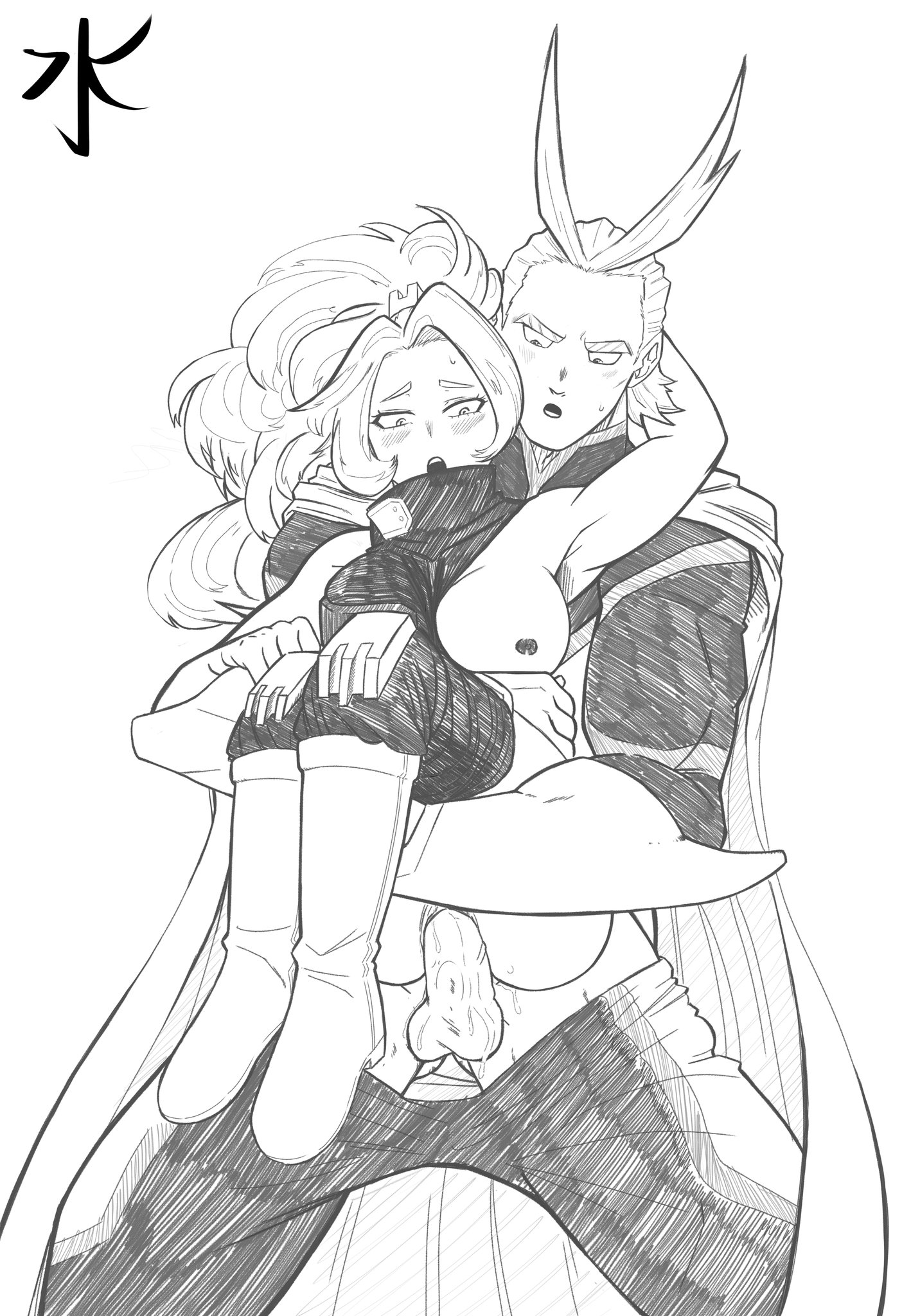 1boy, 1girls, all might, boku no hero academia, carrying, carrying partner, carrying position, female, kaina tsutsumi, lady nagant, legs together, looking pleasured, male, mizutori, monochrome, my hero academia, self upload, sex, size difference, sketch, toshinori yagi