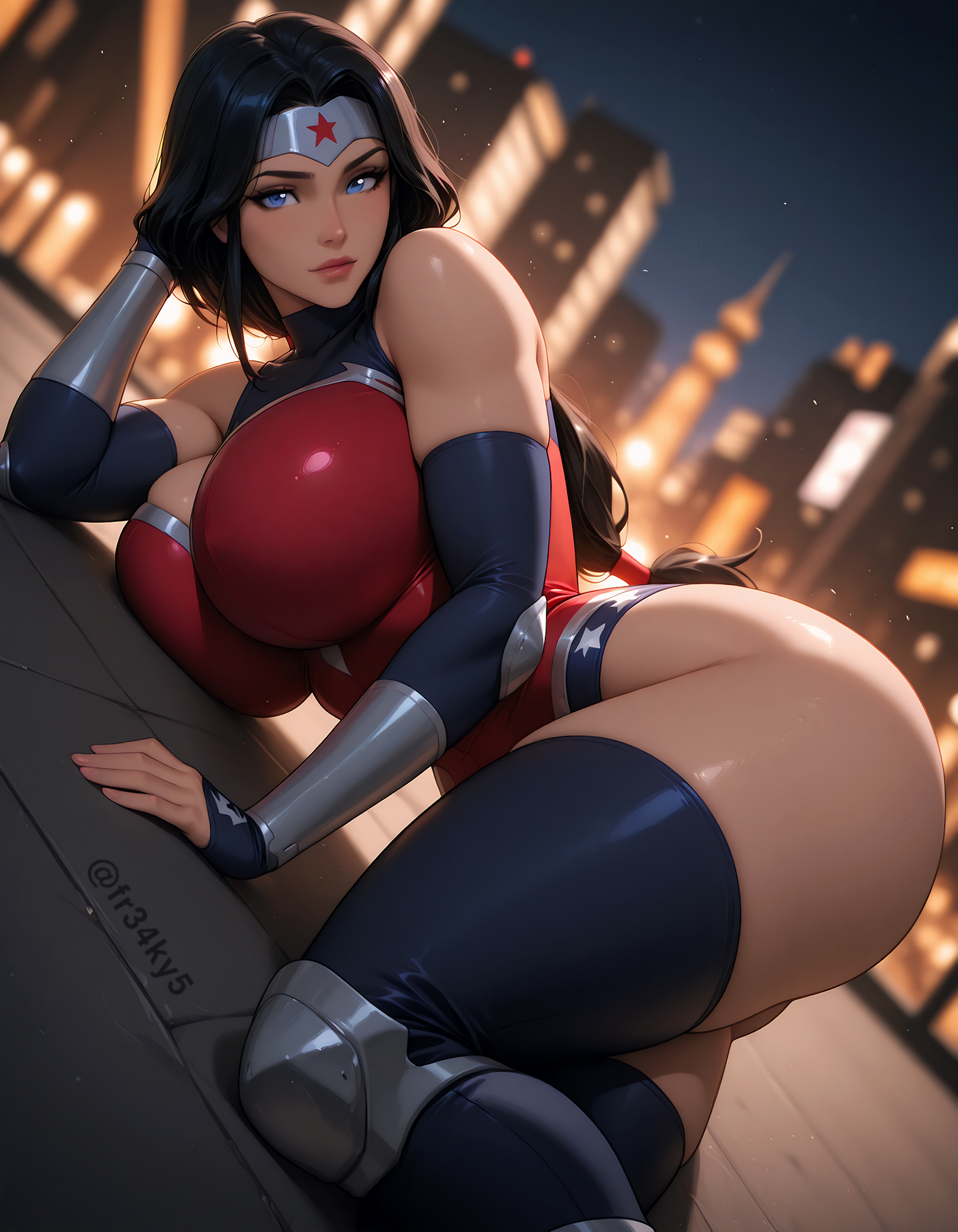 ai generated, blue eyes, breasts, dc, dc comics, diana prince, female, fr34ky, huge breasts, long hair, lying, lying on side, thick thighs, wonder woman, wonder woman (dcamu)
