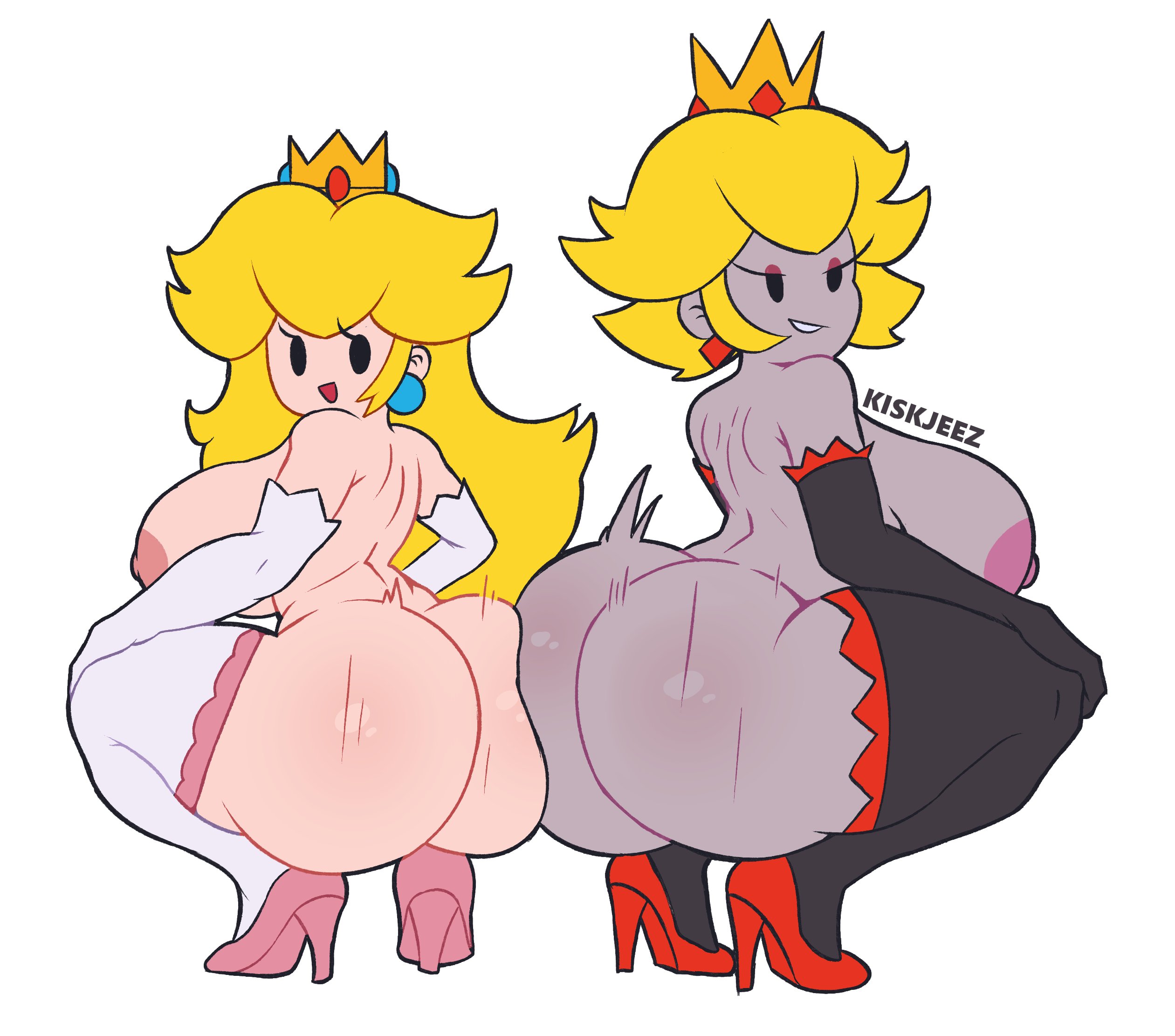 2girls, ass, ass focus, big ass, big breasts, black eyes, bottomless, breasts, breasts out, clapping ass, female, female focus, female only, from behind, gloves, huge ass, kiskjeez, long sleeves, looking at viewer, looking back, mario (series), mob face, naked footwear, nintendo, open mouth, paper mario, paper mario: the thousand-year door, paper peach, princess peach, shadow peach, shadow queen, short hair, smile, squatting, stockings, stockings thigh highs, super mario bros., tagme, thick, thick ass, thick thighs, twerking