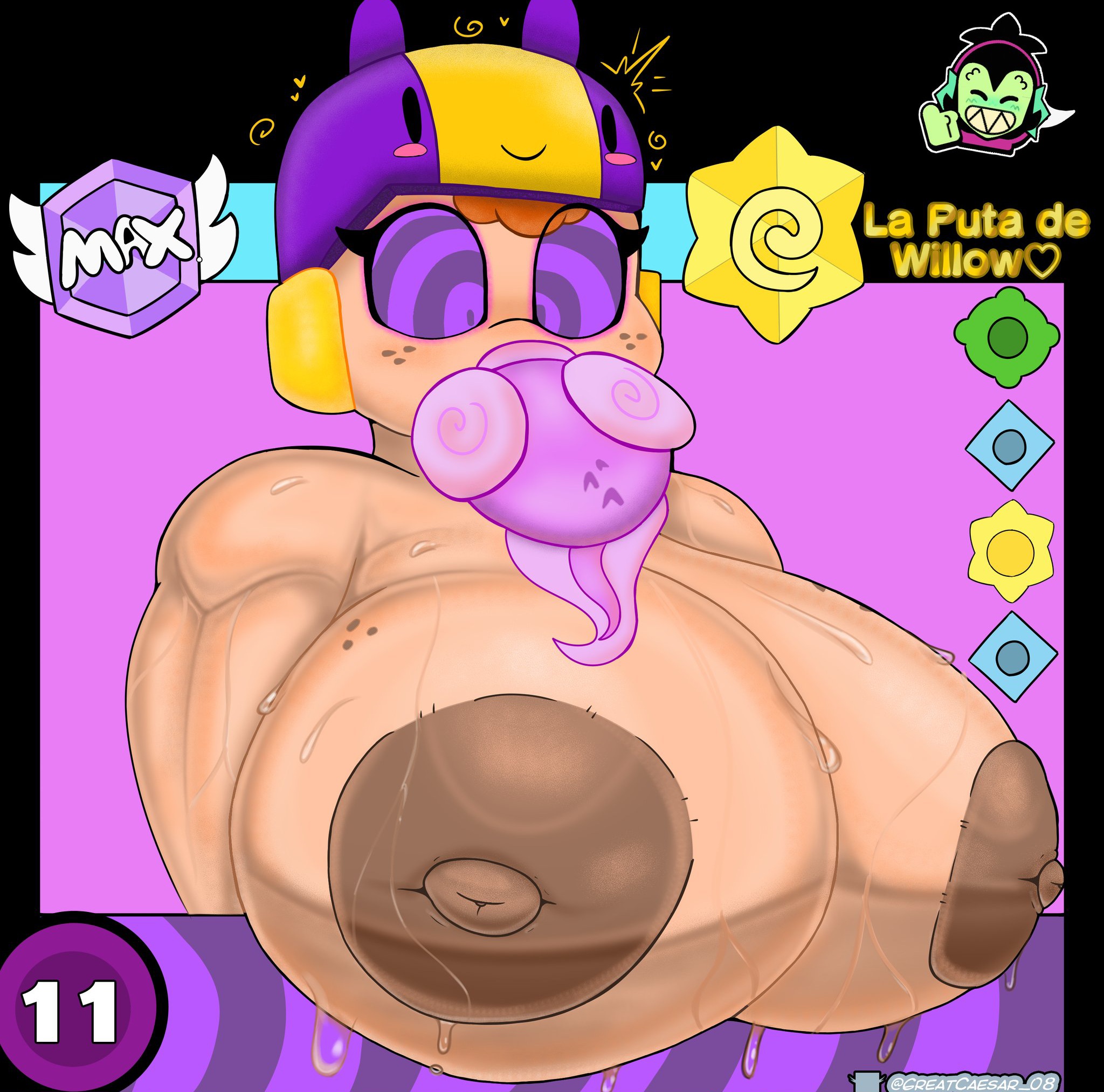 bea (brawl stars), brawl stars, greatcaesar 08, huge breasts, hypnosis, mind control, muscular, muscular female, sweat, willow (brawl stars)