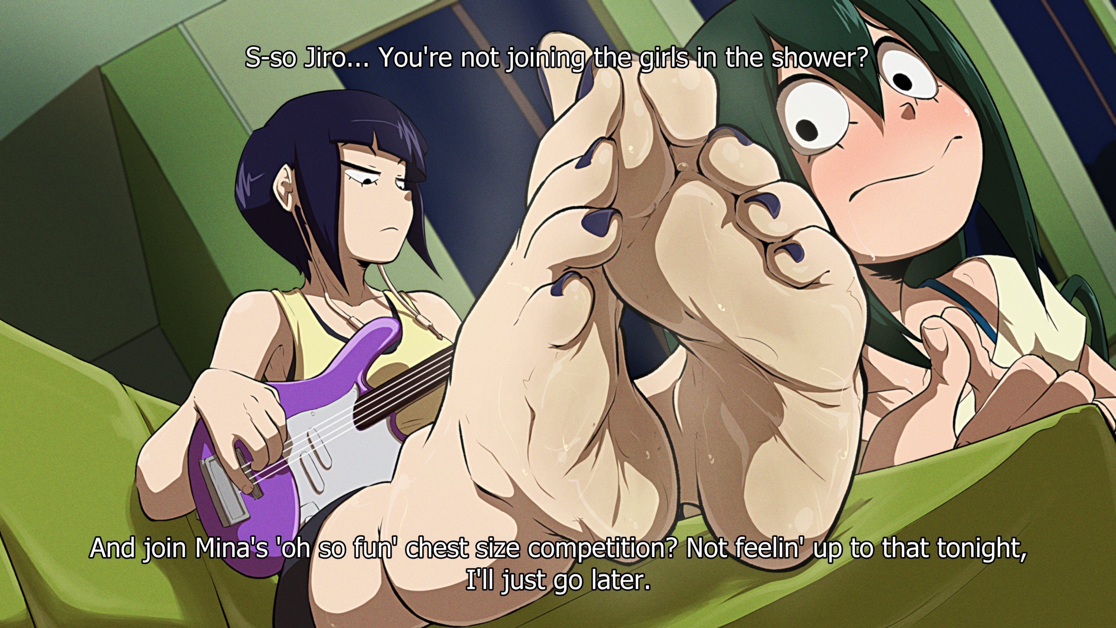2d, 2d (artwork), 2d artwork, 2girls, 5 toes, barefoot, boku no hero academia, clothed, clothed female, clothing, dialogue, english, english dialogue, english text, feet, female, female only, foot fetish, foot focus, kiryu-sketchbook, kyoka jiro, light skin, light-skinned female, my hero academia, no penetration, no sex, purple nails, soles, sweat, sweatdrop, sweating, sweaty, sweaty feet, text, toenails, toes, tsuyu asui, yuri