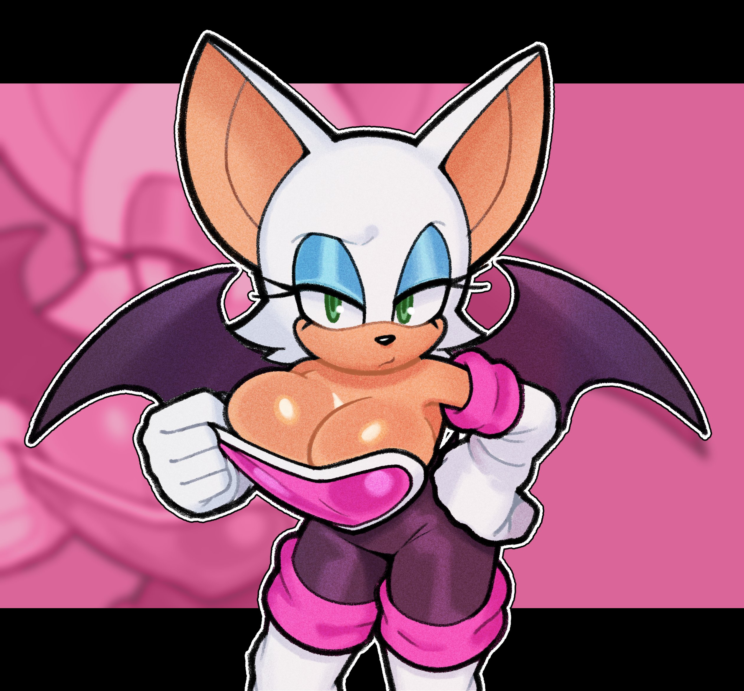 anthro, background, bat, big breasts, border, breasts, champchidi, cleavage, dress, rouge the bat, solo, solo female, sonic (series), tan body, tits, voluptuous female