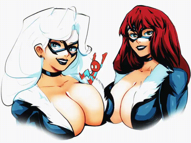 1boy, 1boy2girls, 2026, 2girls, alluring, animated, big breasts, black cat (cosplay), black cat (marvel), black lipstick, blue eyes, bodysuit, bouncing, bouncing breasts, breasts, bursting breasts, choker, cleavage, collar, curvaceous, curvaceous body, curvaceous female, curvaceous figure, curvy, curvy body, curvy female, curvy figure, domino mask, enticing, eyemask, felicia hardy, female, gif, green eyes, huge breasts, jiggling breasts, jumping, large breasts, light skin, light-skinned female, looking at viewer, male, marvel, marvel comics, mary jane watson, mask, masked, masked female, masked male, massive breasts, peter parker, red hair, seducing, seductive, seductive look, skin tight, sonchapo, spider-man, spider-man (series), teasing, teasing viewer, temptation, tempting, tempting viewer, thick, thick breasts, tight clothes, tight clothing, voluptuous, voluptuous female, white background, white hair