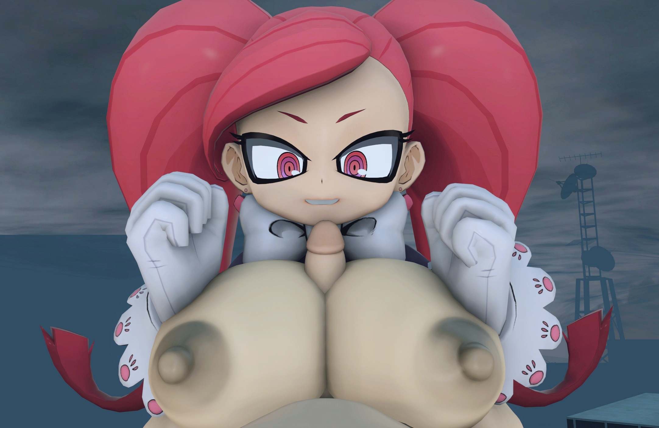 1boy, 1girls, 3d, aiba manami, boku no hero academia, boobjob, bowtie, breasts, female, foreplay, gloves, huge breasts, la brava (my hero academia), large areolae, large penis, long hair, male, mr chazz80, my hero academia, nipples, paizuri, penis, pink eyes, pov, red hair, self upload, smiling, source filmmaker, tagme, twintails