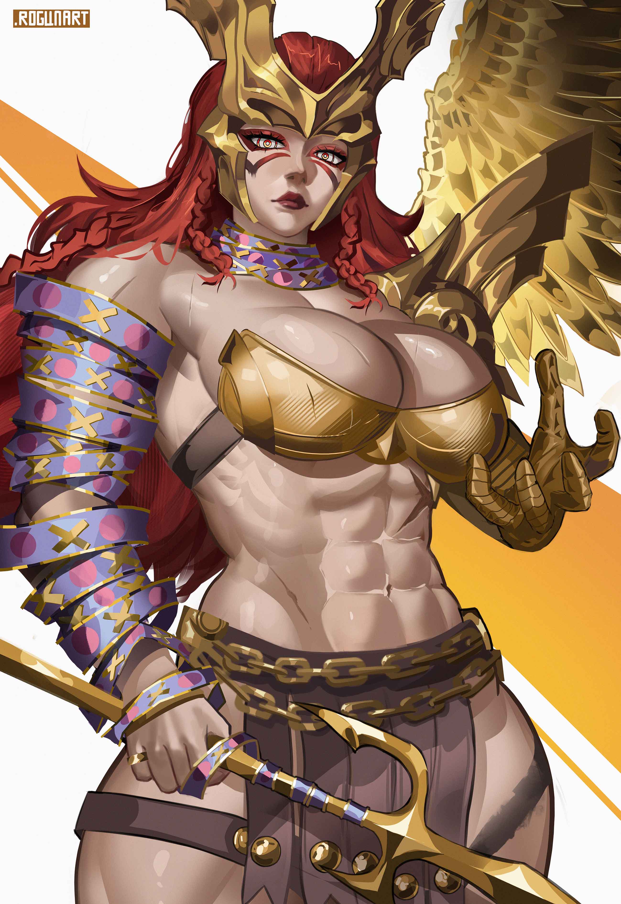 1girls, abs, angela (aldrif odinsdottir), armor, big breasts, breasts, cleavage, female, female only, marvel, marvel comics, marvel rivals, muscular, muscular female, red hair, rogun, single wing, solo, thor (series), wings
