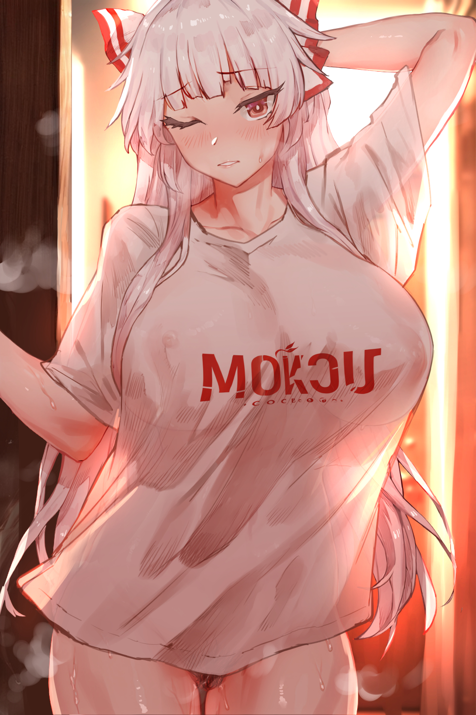 1girls, big breasts, breasts, female, female only, fujiwara no mokou, light skin, light-skinned female, long hair, red eyes, see-through clothing, senmura, solo, sweat, touhou, white hair