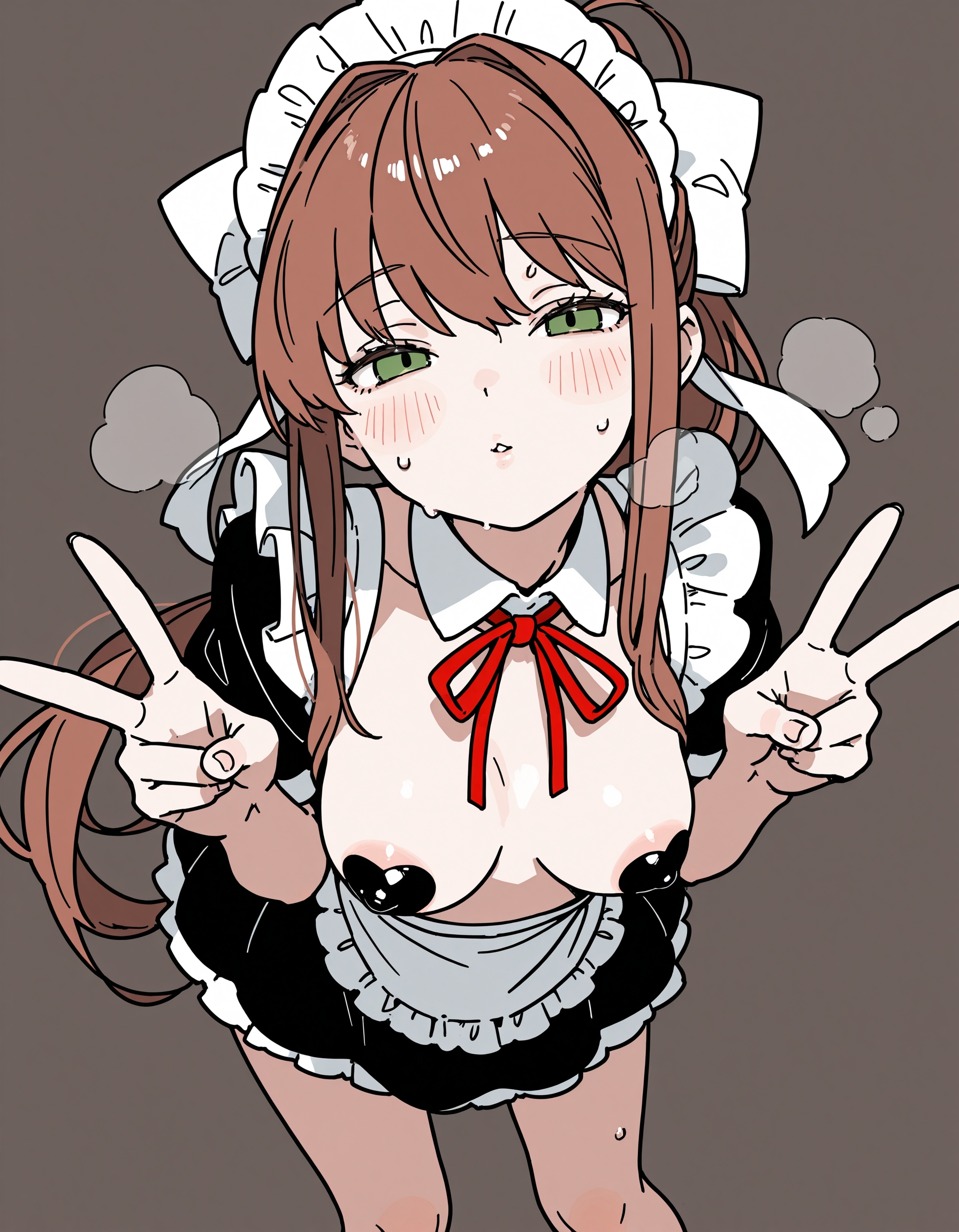1girls, ai generated, areolae peeking, blush, breasts, breath, breath cloud, brown hair, doki doki literature club, female, fusso, green eyes, hair, hair ribbon, imminent kiss, kissy face, leaning forward, long hair, looking at viewer, maid, maid headdress, maid outfit, maid uniform, monika (doki doki literature club), nipples, nipples visible through clothing, partially clothed, pasties, pasties exposed, peace sign, solo, sweat, sweating, sweaty, v sign