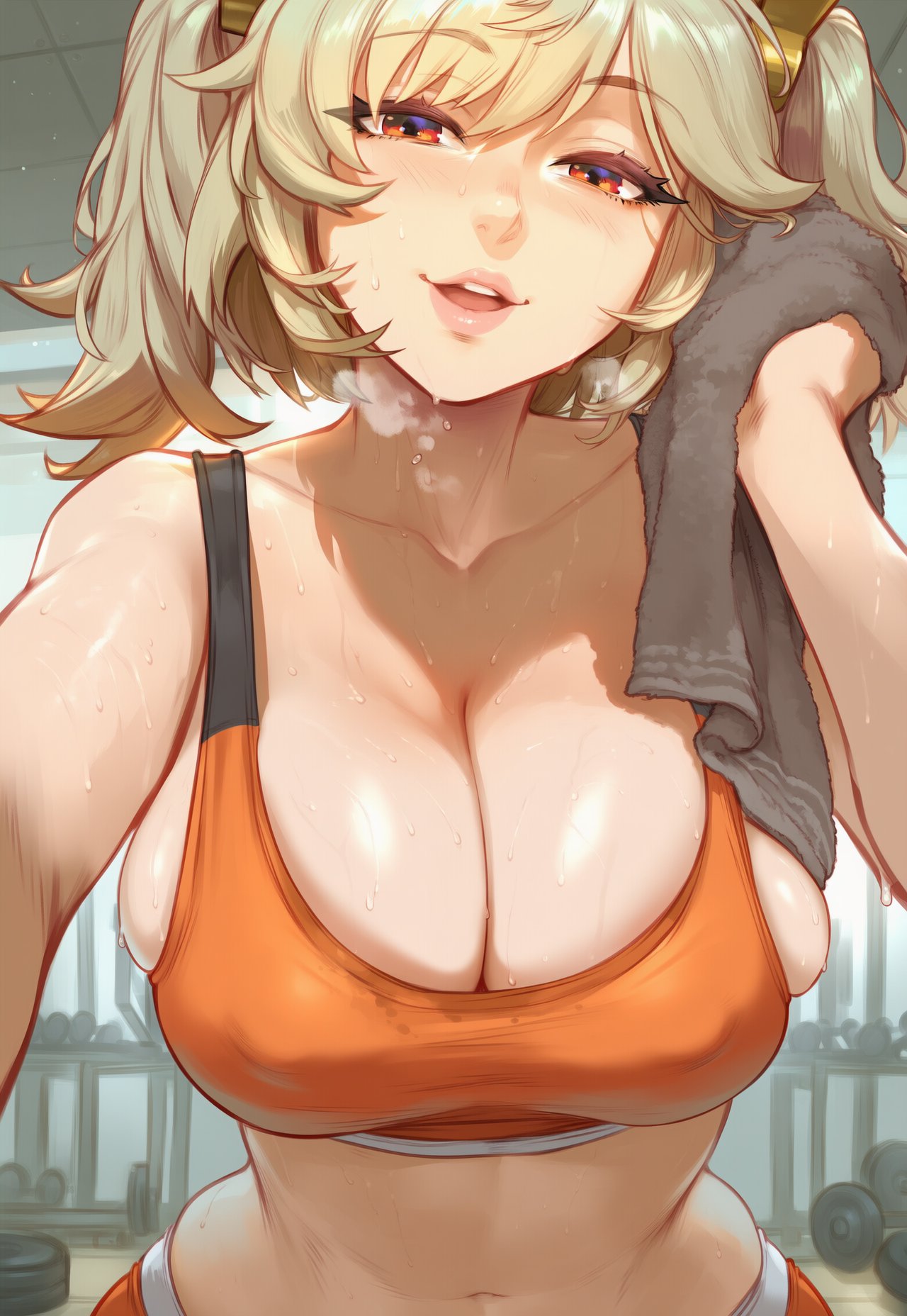 1girls, ai generated, bangs, bare shoulders, blonde hair, blush, bra, breasts, breath, burnice white, cleavage, clothing, collarbone, covered nipples, crop top, curvaceous, curvaceous female, curvaceous figure, curvy, curvy figure, dumbbell, female, female focus, female only, gym, gym clothes, hair ornament, heavy breathing, holding towel, hydrolis999, indoors, large breasts, lips, looking at viewer, midriff, navel, open mouth, orange eyes, parted lips, presenting, presenting breasts, presenting self, red eyes, short hair, short twintails, skindentation, smile, solo, sports bra, steaming body, sweat, towel, twintails, underwear, upper body, voluptuous, voluptuous female, zenless zone zero