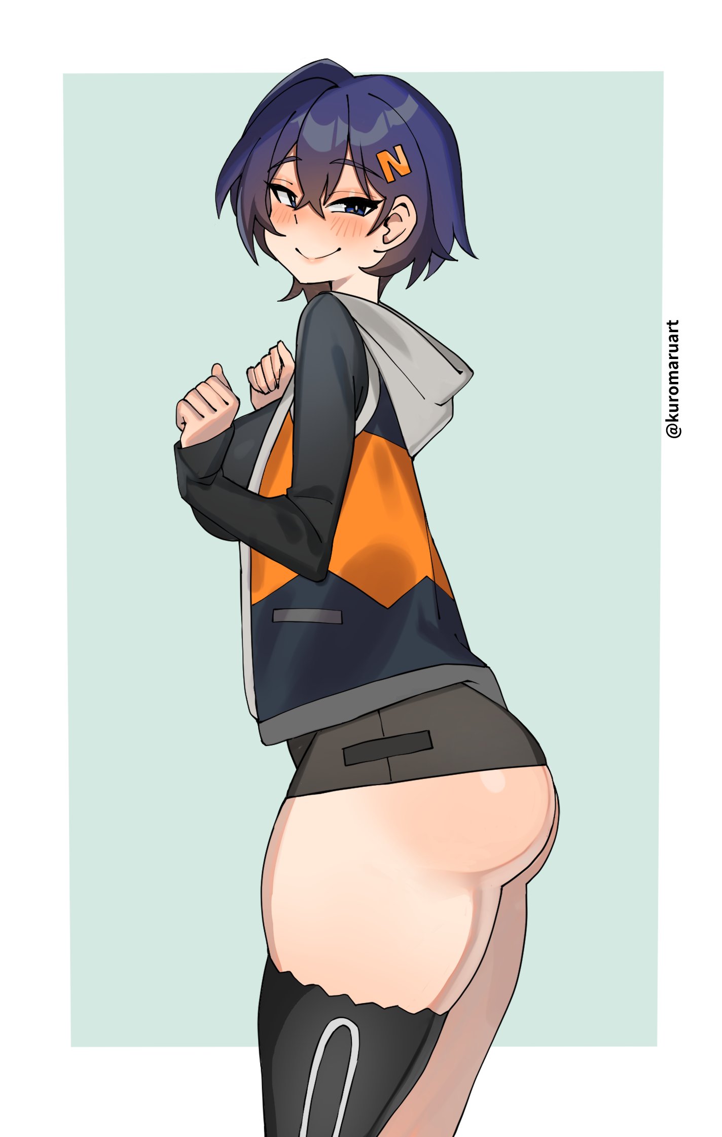 1girls, absurd res, ass, belle (zenless zone zero), breasts, female, female only, hi res, kuromaruart, large breasts, looking at viewer, short hair, smile, solo, thighhighs, thighs, zenless zone zero