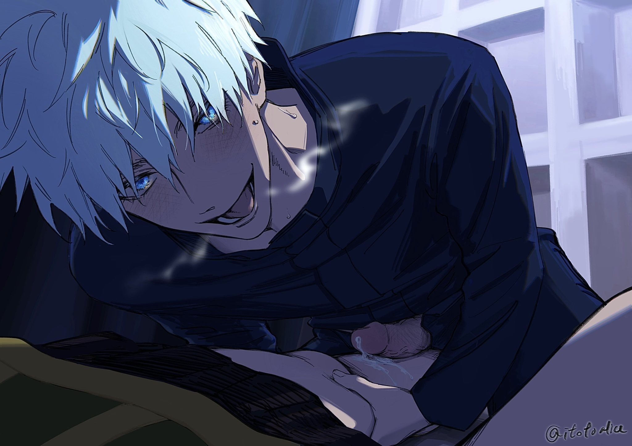 2boys, accurate art style, blush, color, cum on body, erect penis, fanart, horny, jujutsu kaisen, kimono, male, male/male, masturbation, penis, rubber, satoru gojo, suguru geto, uncensored, uniform, veiny penis