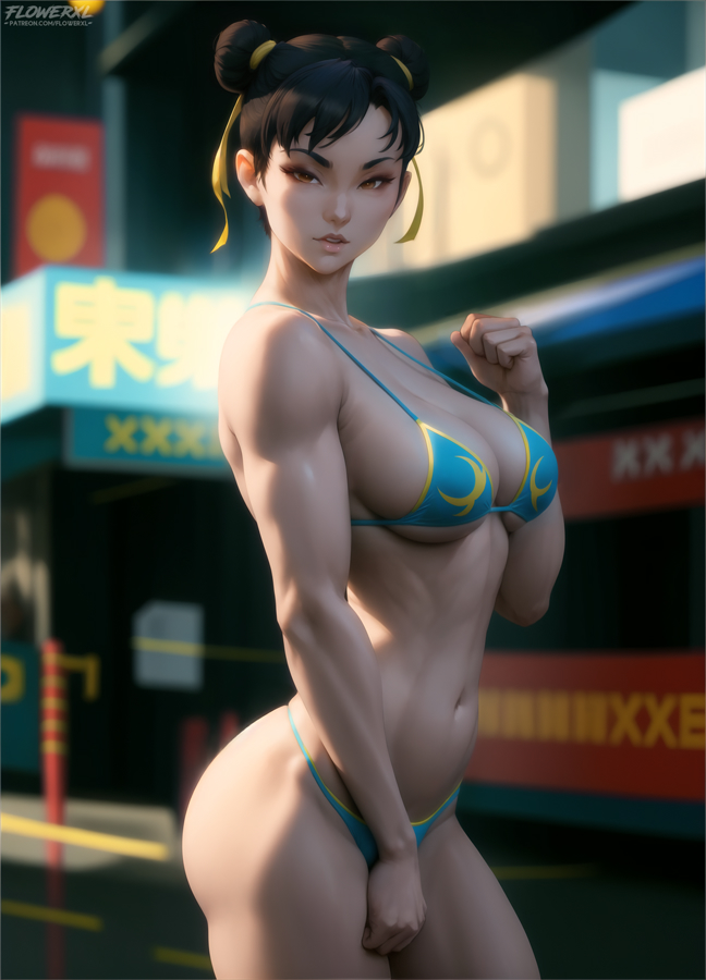 1girls ai_generated athletic_female bikini brown_eyes brown_hair capcom chun-li fit_female flowerxl looking_at_viewer street_fighter