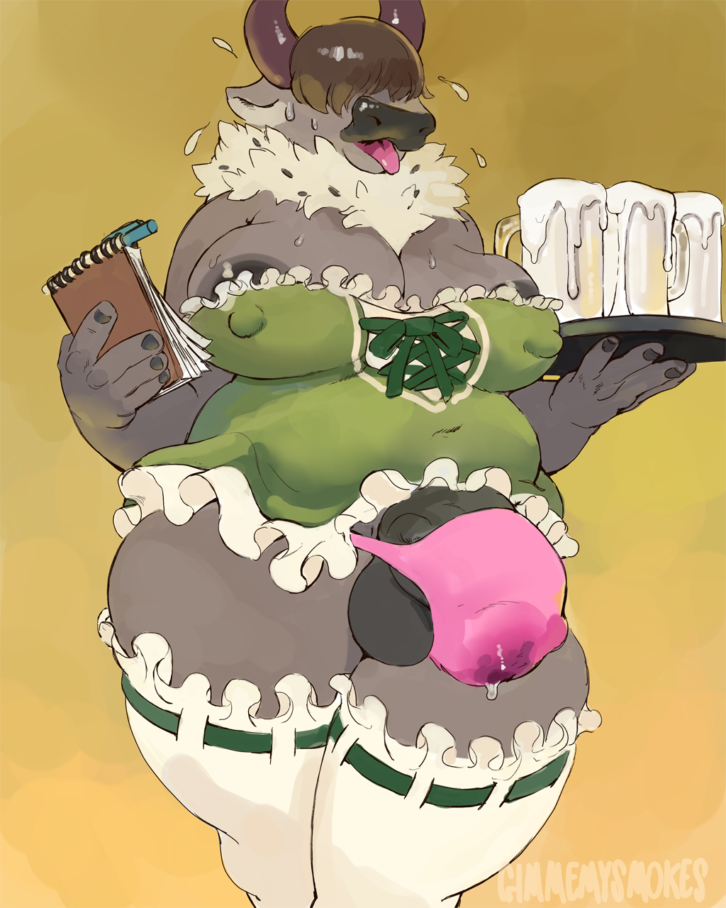 2020 4:5 anthro areola balls barmaid beer_mug big_areola big_breasts black_nipples black_penis bodily_fluids bovid bovine breasts clothing futa_focus futa_only futanari genital_fluids genitals gimmemysmokes gradient_background green_clothing green_topwear grey_body gynomorph hi_res huge_breasts ineffective_clothing intersex lidia_(tunesdesu) mammal nipples original original_character overweight penis pink_clothing pink_underwear precum precum_through_clothing precum_through_underwear simple_background solo solo_futa thick_thighs tongue tongue_out topwear underwear wardrobe_malfunction wet wet_clothing yak