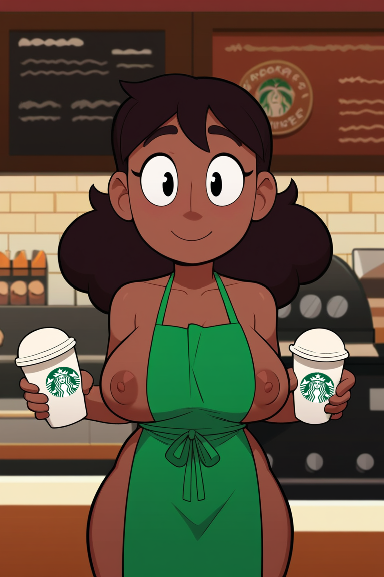 1girls accurate_art_style ai_generated apron barista cartoon_network clothes_between_breasts connie_maheswaran dark-skinned_female dark_skin facing_viewer large_breasts naked_apron nipples solo standing starbucks steven_universe tagme userisbad