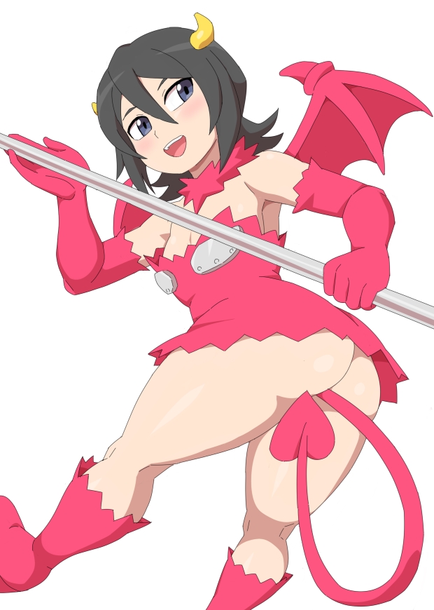 1girls, ass, black hair, bleach, boots, breasts, demon, demon girl, demon horns, demon tail, female, gloves, horns, kabeume, kuchiki rukia, short hair, small breasts, solo, tail, thick thighs, thighs, white background