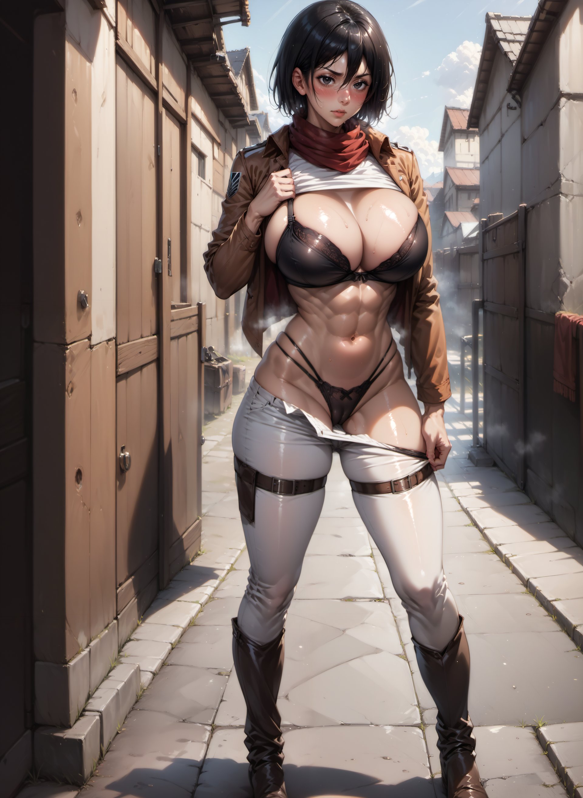 1girls, abs, ai generated, attack on titan, blush, boob window, bra, breasts, cameltoe, cleavage, female, large breasts, league69, looking at viewer, mikasa ackerman, outdoors, panties, pussy, short hair, solo, undressing