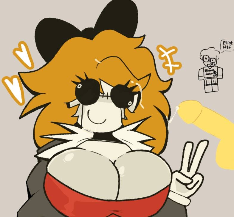 1girls, 2boys, big breasts, black bow, boobs, cum on face, cum on hair, derpina, elliot (forsaken), female focus, forsaken (roblox), peace sign, penis, roblox, roblox game, shedletsky (forsaken), slasher (forsaken), spoted (artist), tagme, yellow hair