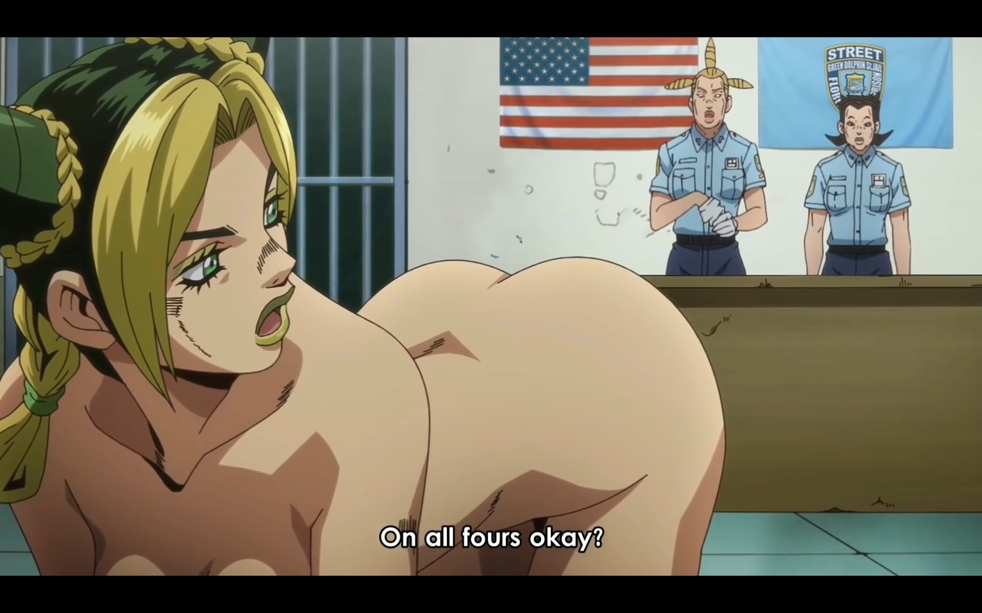 3girls, all fours, ass, ass up, blonde hair, blonde highlights, breasts, clothed female, clothed female nude female, dark green hair, exhibitionism, female, female focus, female only, female protagonist, green eyes, green hair, green lipstick, jojo's bizarre adventure, jolyne kujo, multiple females, multiple girls, naked, nipples, nude, nude female, police, police uniform, presenting, presenting hindquarters, prison guard (jojo's), screencap, screenshot, solo focus, stone ocean, subtitled