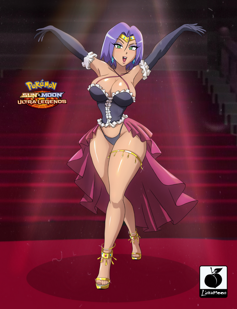 1girls black_corset black_panties blue_hair breasts circlet corset earrings elbow_gloves eyeshadow genderswap_(mtf) gloves green_eyes high_heels james_(pokemon) large_breasts linkartoon looking_at_viewer makeup nintendo panties pokemon rule_63 rule_63 short_hair showgirl showgirl_skirt thigh_strap