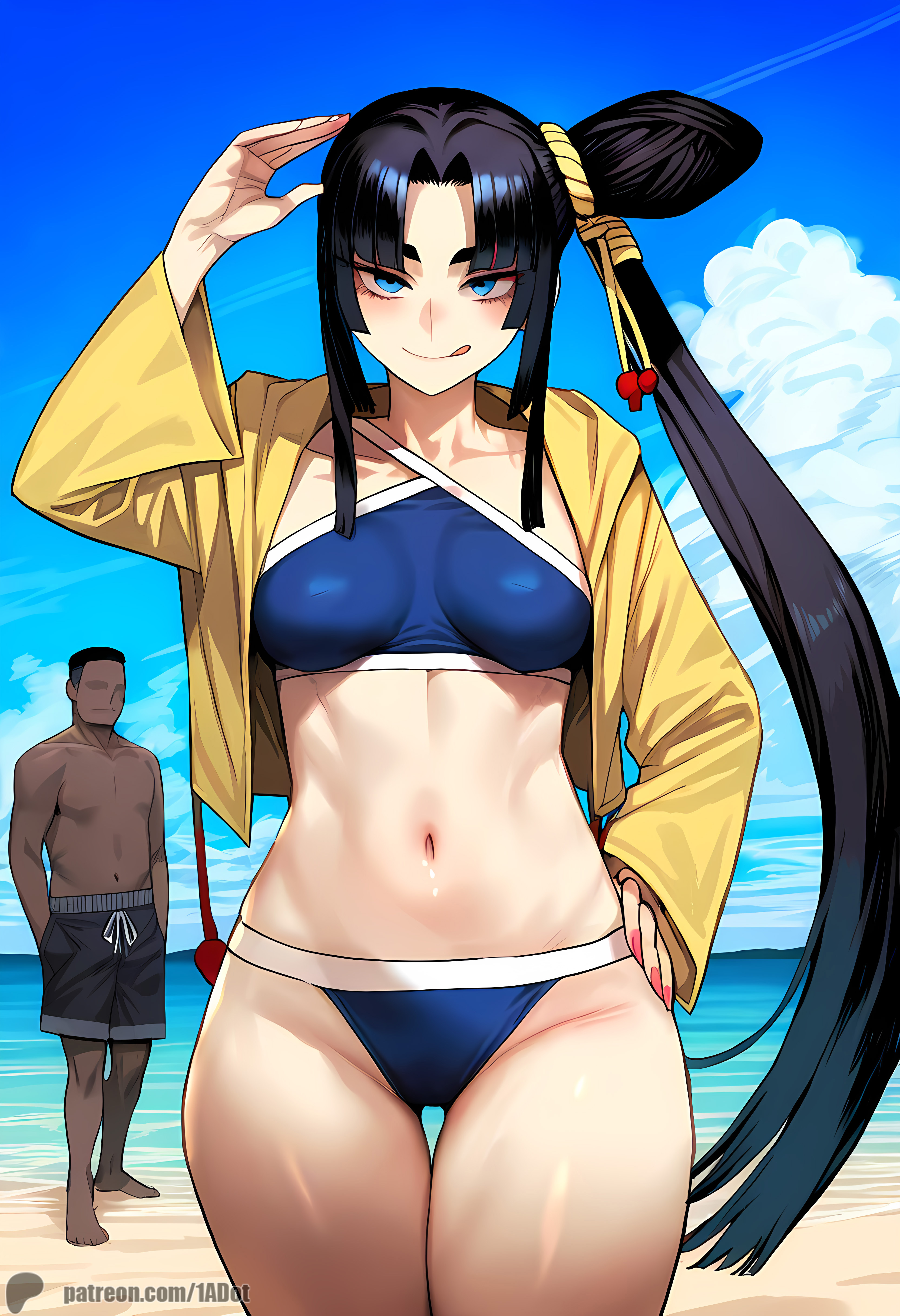 1-a dot, 1boy, 1girls, ai generated, beach, bikini, breasts, curvy figure, dark skin, dark-skinned male, fate (series), fate/grand order, female, interracial, light skin, light-skinned female, male, ushiwakamaru (fate), ushiwakamaru (fate/grand order)