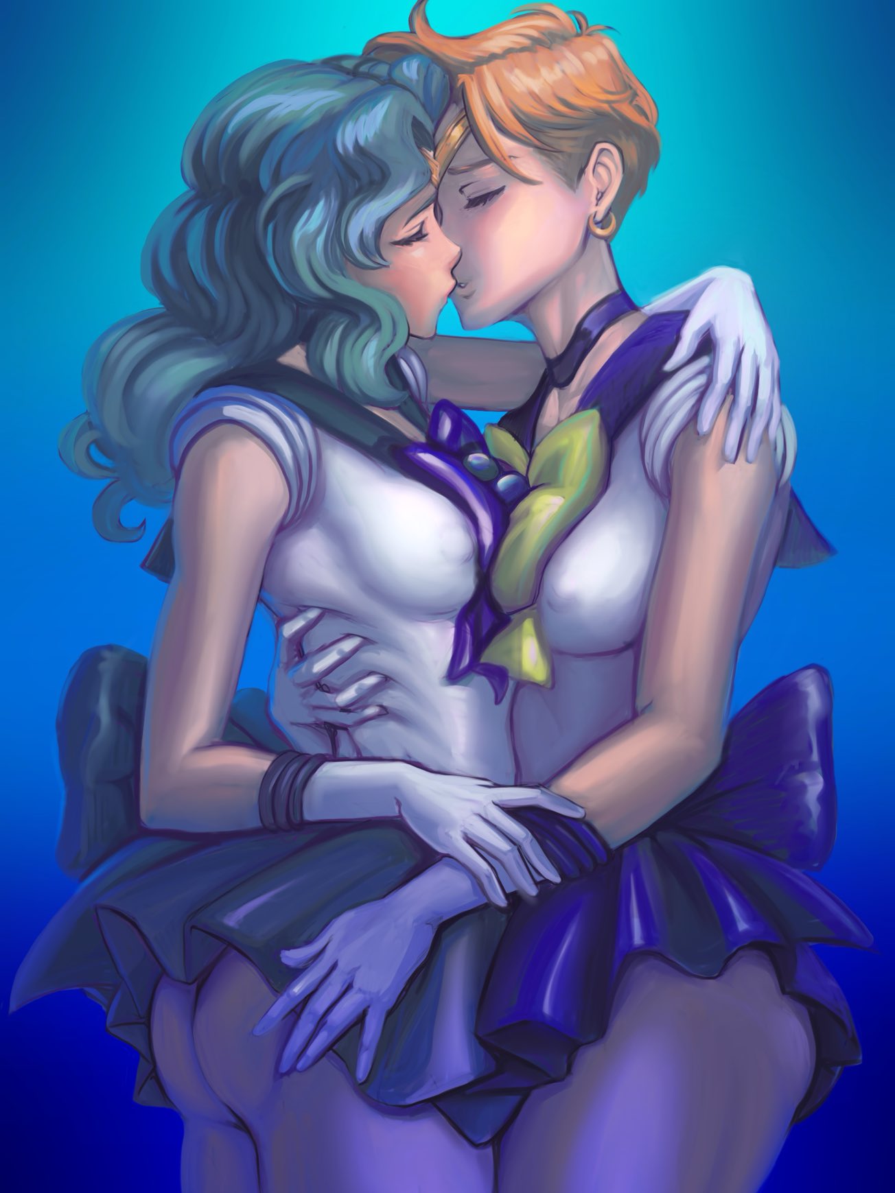 2girls ass bishoujo_senshi_sailor_moon blonde_hair closed_eyes clothing earrings erect_nipples erect_nipples_under_clothes female female_only gloves green_hair haruka_tenou hi_res kissing long_hair michiru_kaiou nipple_bulge romantic romantic_couple sailor_neptune sailor_uniform sailor_uranus short_hair short_skirt skirt small_breasts yuri zilvan