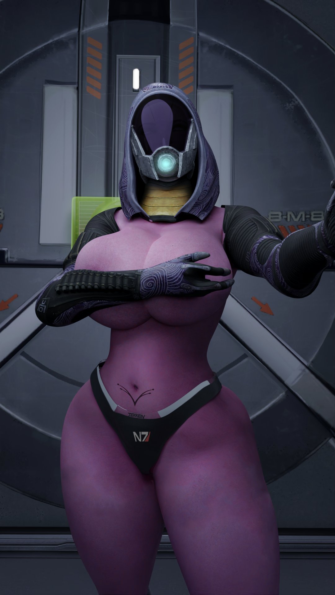 1girls 3d 3d_(artwork) alien alien_girl big_breasts blender breasts covering_breasts female female_only looking_at_viewer mass_effect panties quarian rodler-h8 solo tali'zorah_nar_rayya thick_thighs wide_hips