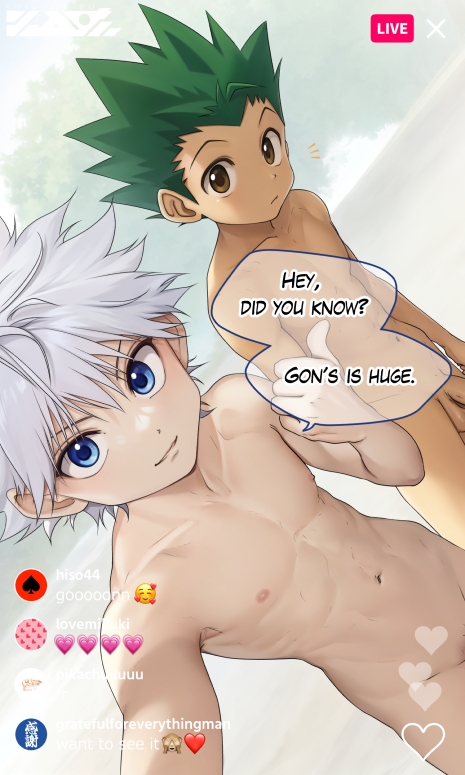 2boys artist_logo chat_log commentary completely_nude dutch_angle english_text gon_freecss green_hair hand_up hunter_x_hunter killua_zoldyck koyama_risu looking_at_viewer male_focus multiple_boys navel nipples nude outdoors paid_reward_available penis pointing pointing_at_another selfie speech_bubble spiked_hair toned toned_male upper_body white_hair