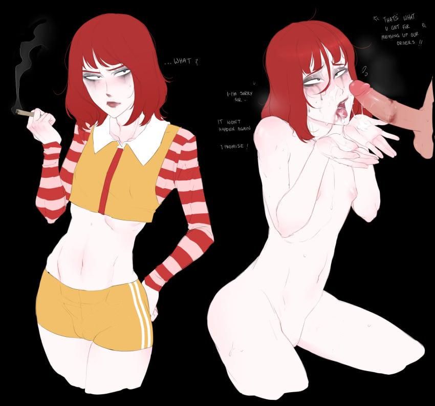 1boy cigarette clown cobblestun edit eyeshadow female haruhssment lipstick lipstick_mark makeup mascara_tears mcdonald's midriff red_hair ronald_mcdonald skinny skinny_girl small_breasts tagme text