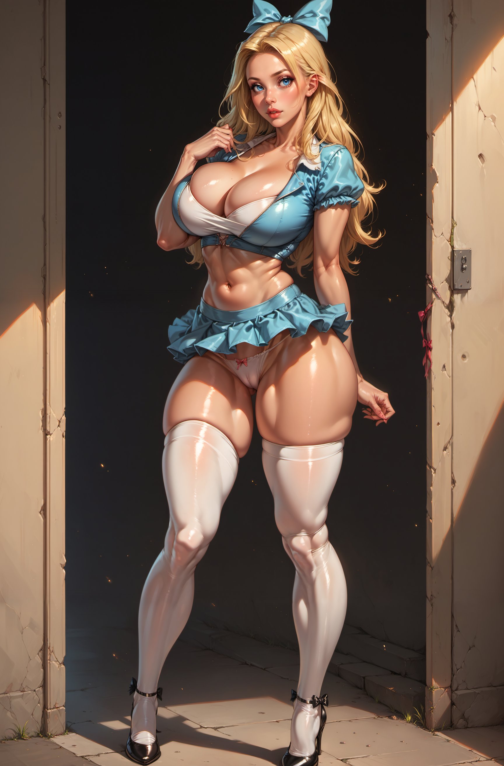 1girls, aged up, ai generated, alice in wonderland, alice liddell, blonde, blonde hair, blue eyes, breasts, busty, cleavage, disney, female, full body, high heels, hourglass figure, large breasts, league69, light skin, light-skinned female, long hair, looking at viewer, panties, short skirt, skirt, solo, standing, thighhighs, thighs