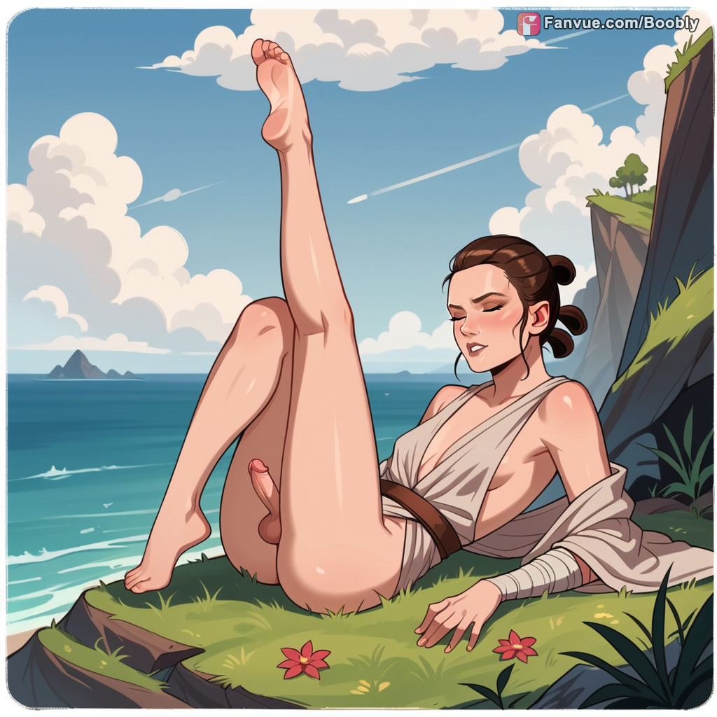 ai generated, boobly, eyes closed, futanari, intersex, outdoors, rey, solo futa, star wars