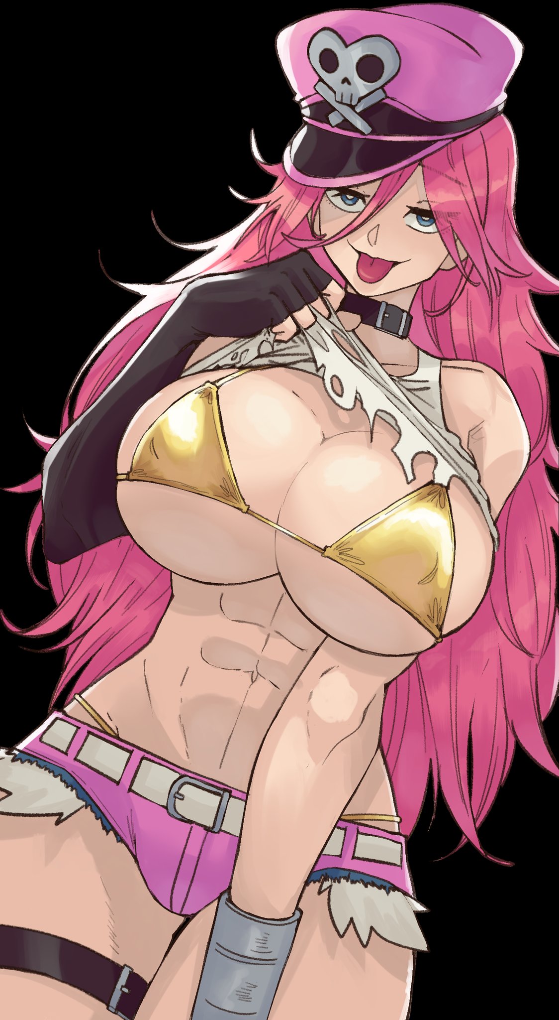 1girls 2024 abs armwear belt_collar big_breasts bikini_top black_background blue_eyes capcom clothes_lift female female_only final_fight gold_bikini hat hi_res long_hair looking_at_viewer minishorts narrowed_eyes pink_hair poison_(final_fight) smiling smiling_at_viewer solo street_fighter street_fighter_6 toned toned_female tongue_out wanderjegson