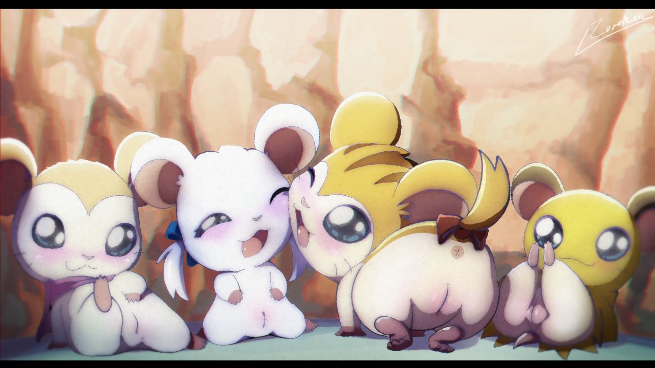 accessory anus ass bedding bijou_(hamtaro) blanket blue_eyes blush bow_ribbon brown_body brown_fur closed_eyes cricetid female feral fur furgonomics genitals group hair_accessory hair_ribbon hairbow hamster hamtaro_(series) kneeling legs_up mammal one_eye_closed one_leg_up pashmina_(hamtaro) penelope_(hamtaro) pink_scarf presenting presenting_hindquarters presenting_pussy pussy raised_leg ribbons rodent sandy_(hamtaro) scarf tail tail_accessory tail_bow tail_ribbon take_your_pick tan_body tan_fur white_body white_fur wink zoruken